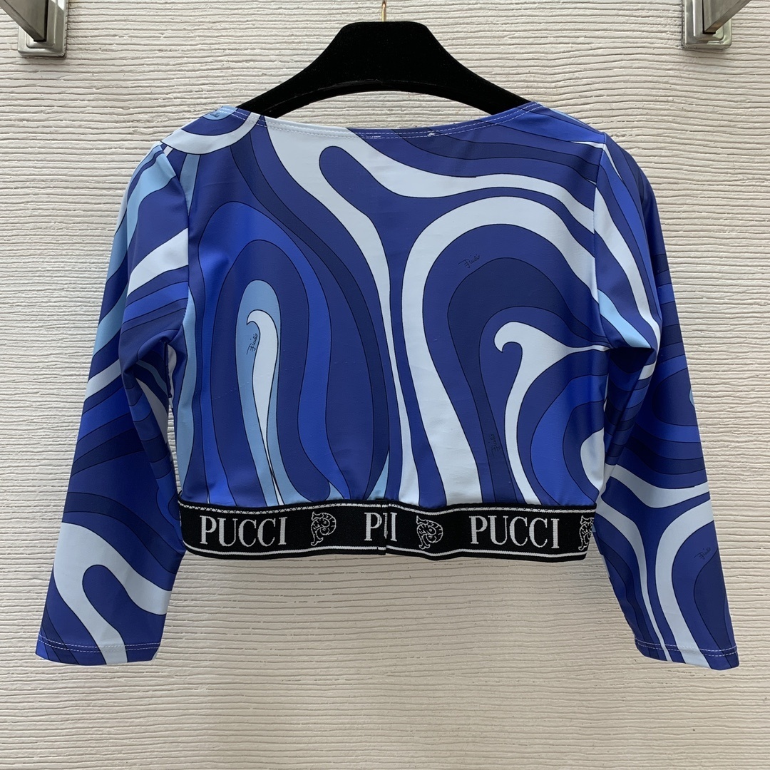 Pucci Blue Swirl Print Long Sleeve Crop Top & Leggings Set