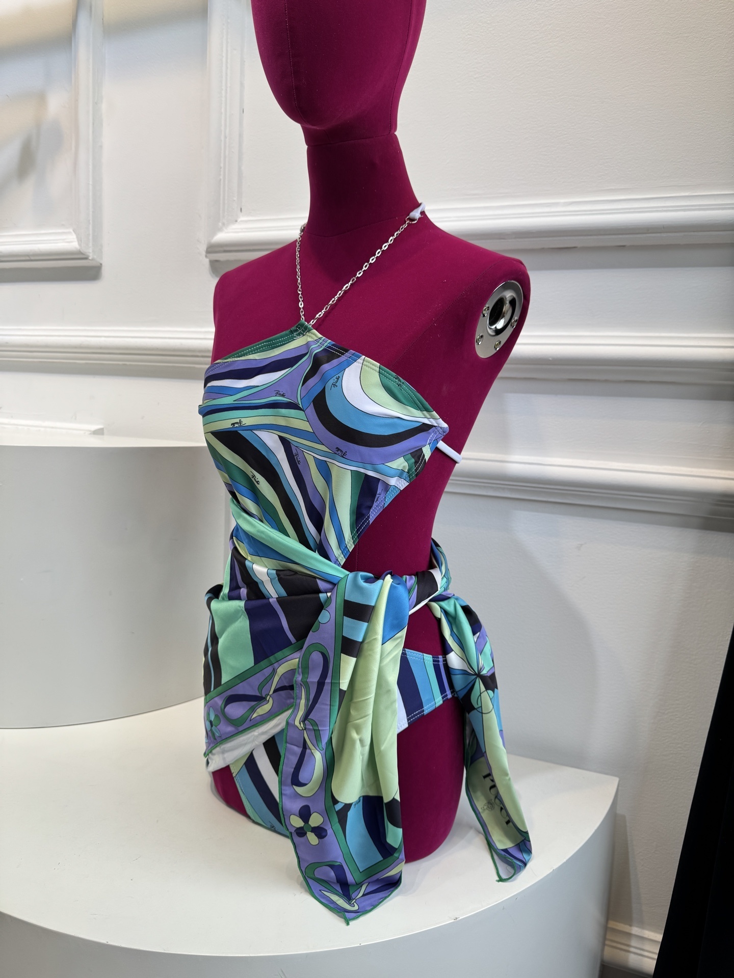 Vibrant Abstract Print Silk Scarf & Swimwear Set