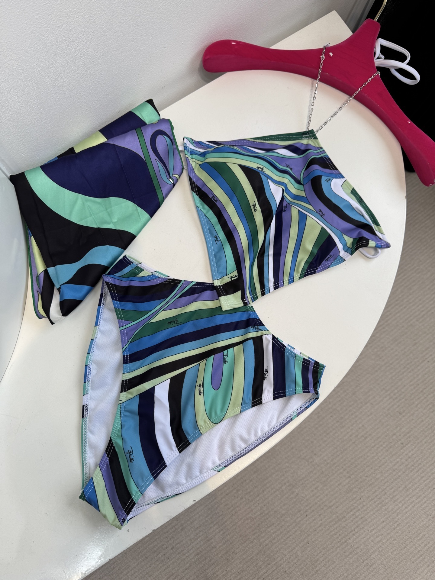 Luxury Chain Halter Bikini & Sarong Set | Retro Swirl Print Beachwear