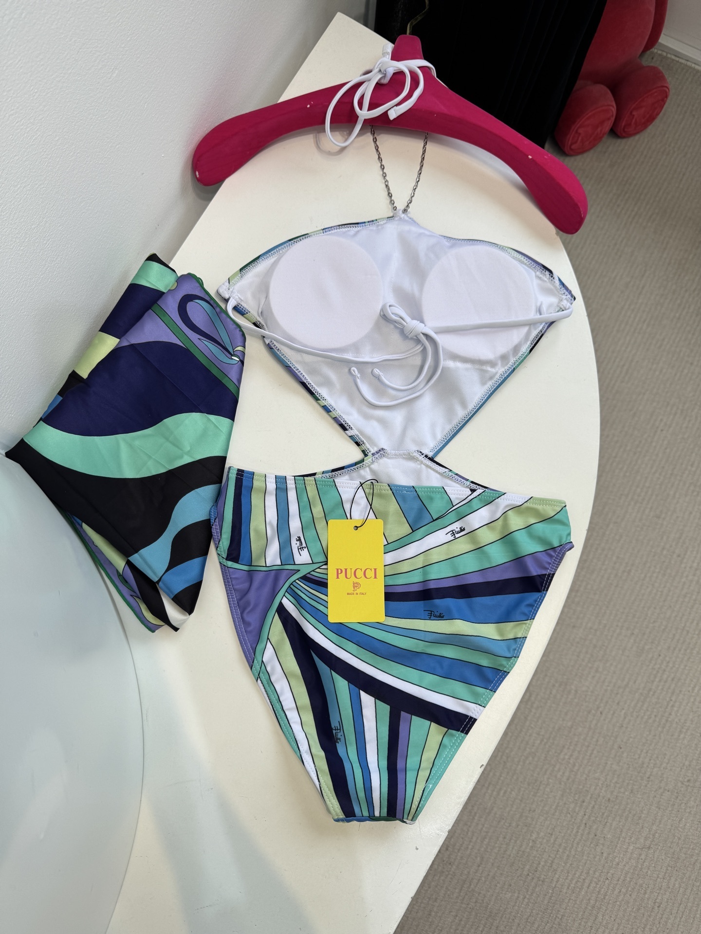 Luxury Chain Halter Bikini & Sarong Set | Retro Swirl Print Beachwear