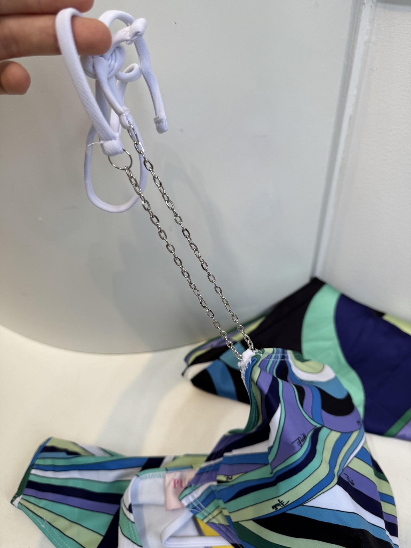 Luxury Chain Halter Bikini & Sarong Set | Retro Swirl Print Beachwear