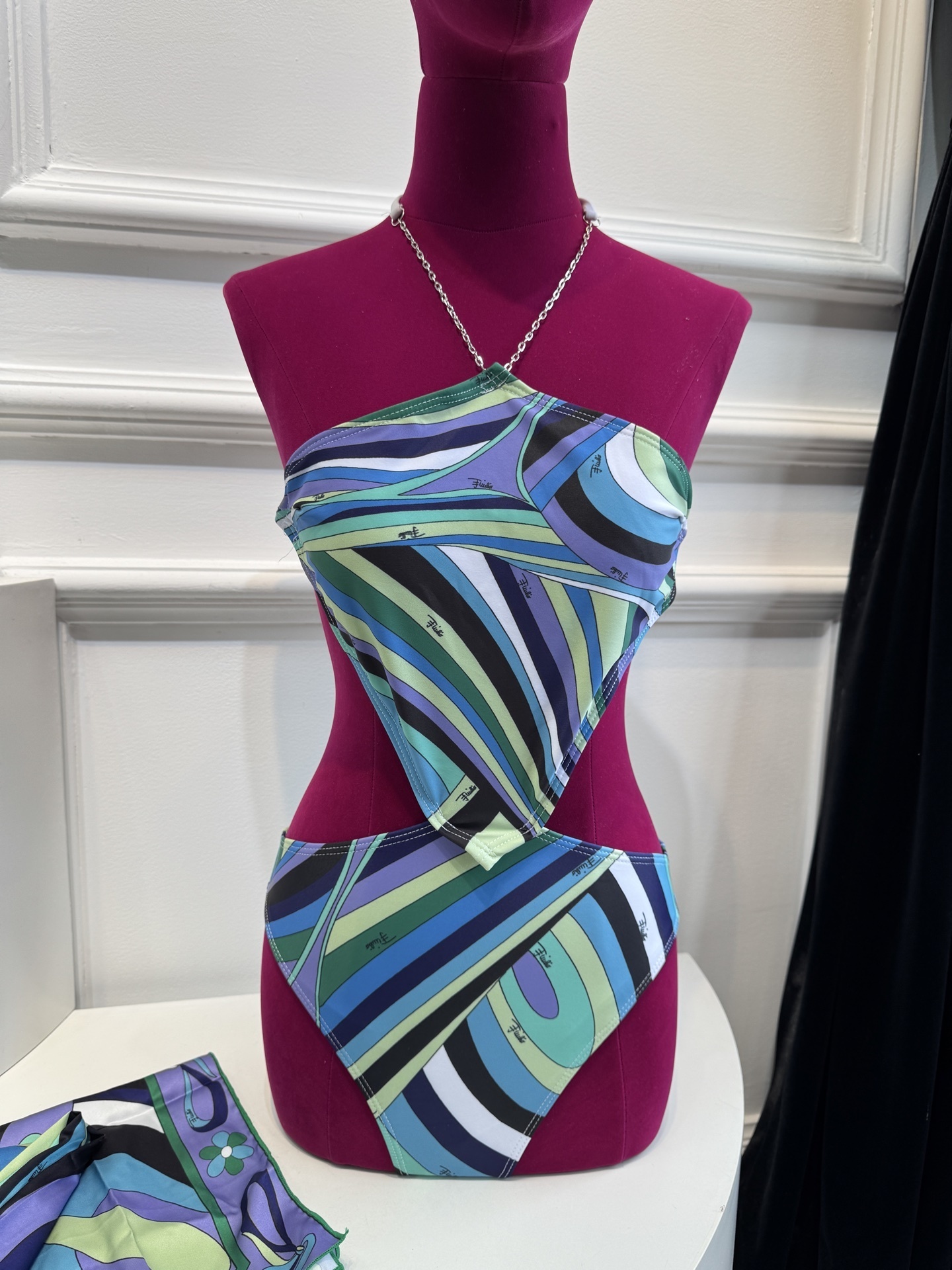 Abstract Blue Green 3-Piece Halter Bikini Set with Matching Sarong