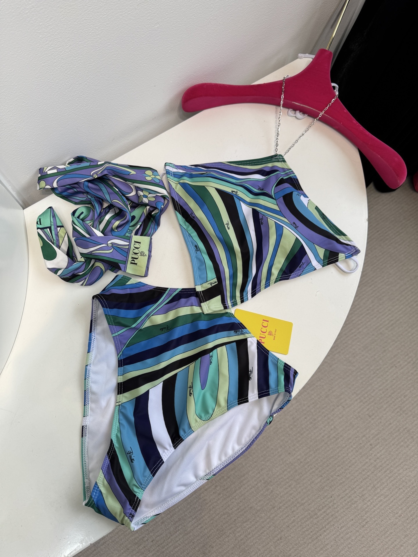 Pucci Abstract Print Chain Halter Bikini & Scarf Set Blue Green