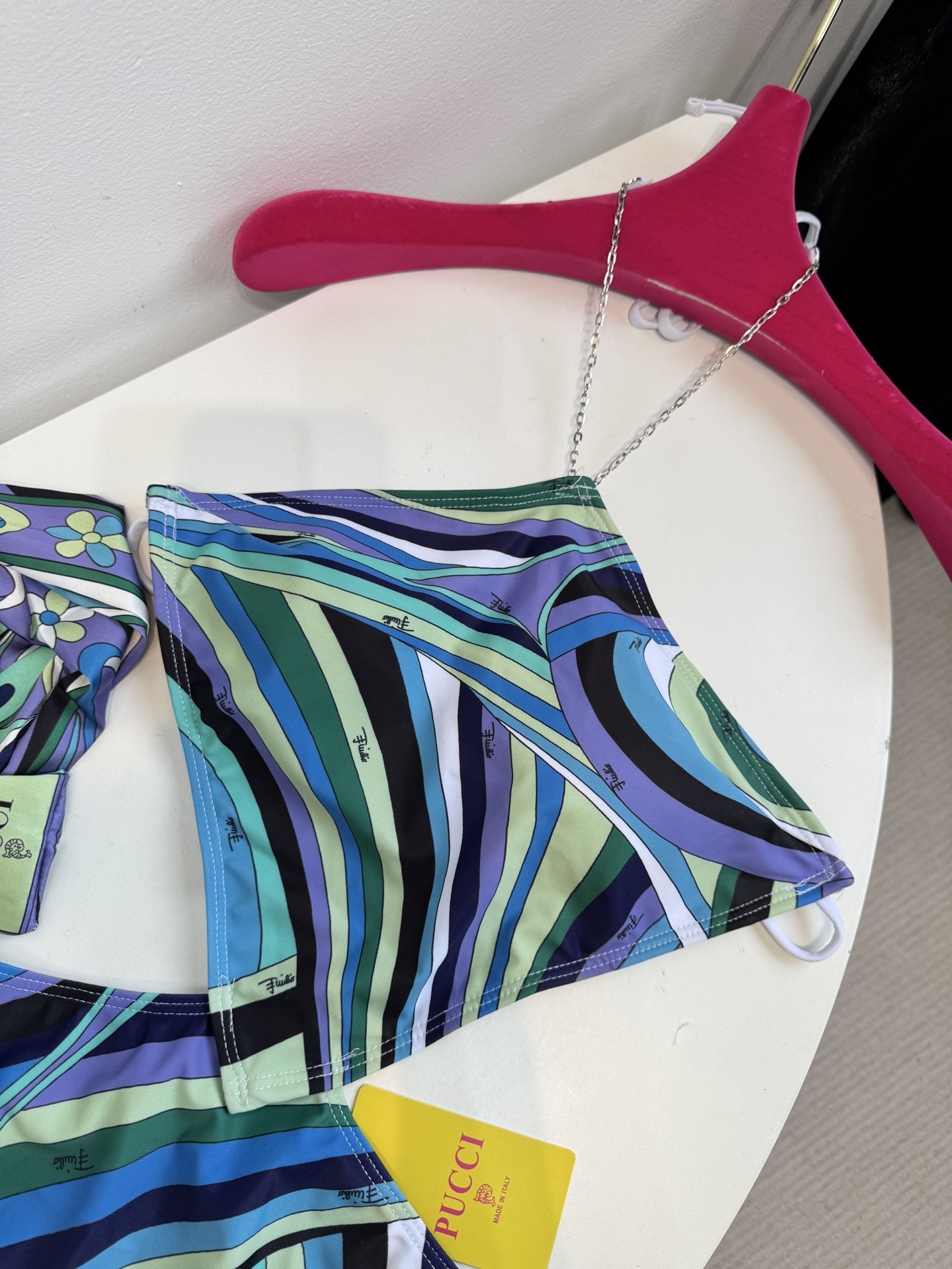 Pucci Abstract Print Chain Halter Bikini & Scarf Set Blue Green