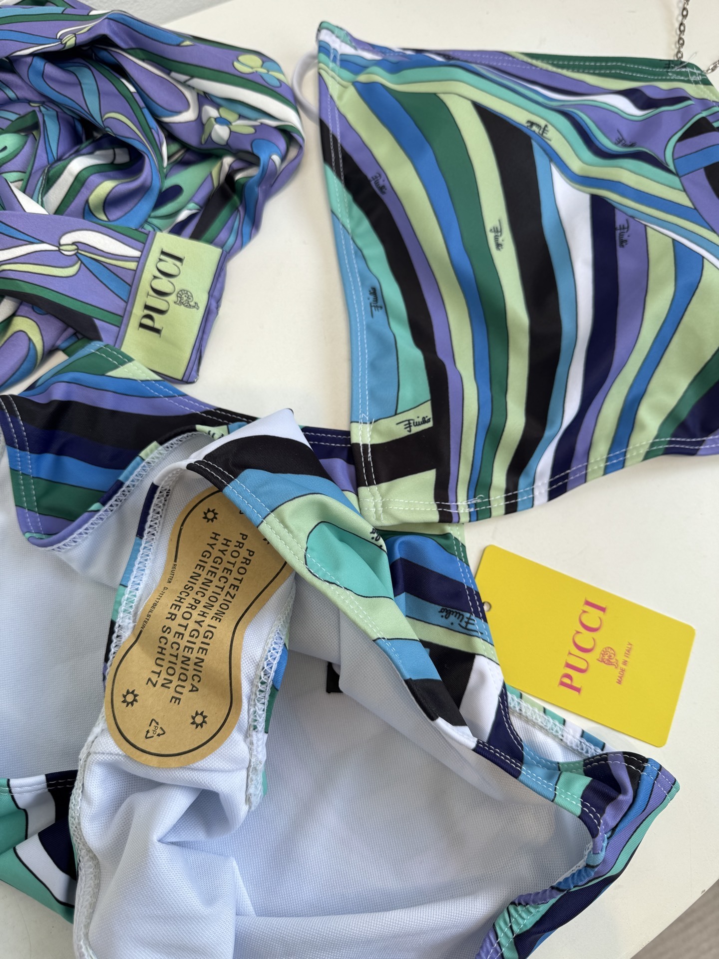 Pucci Abstract Print Chain Halter Bikini & Scarf Set Blue Green