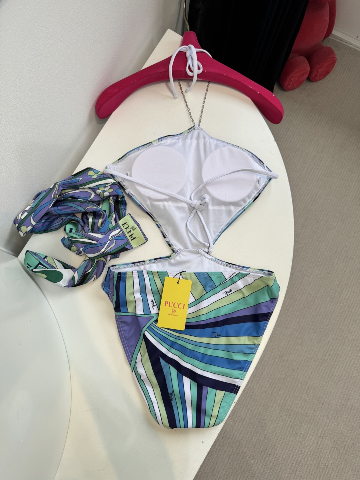 Pucci Abstract Print Chain Halter Bikini & Scarf Set Blue Green