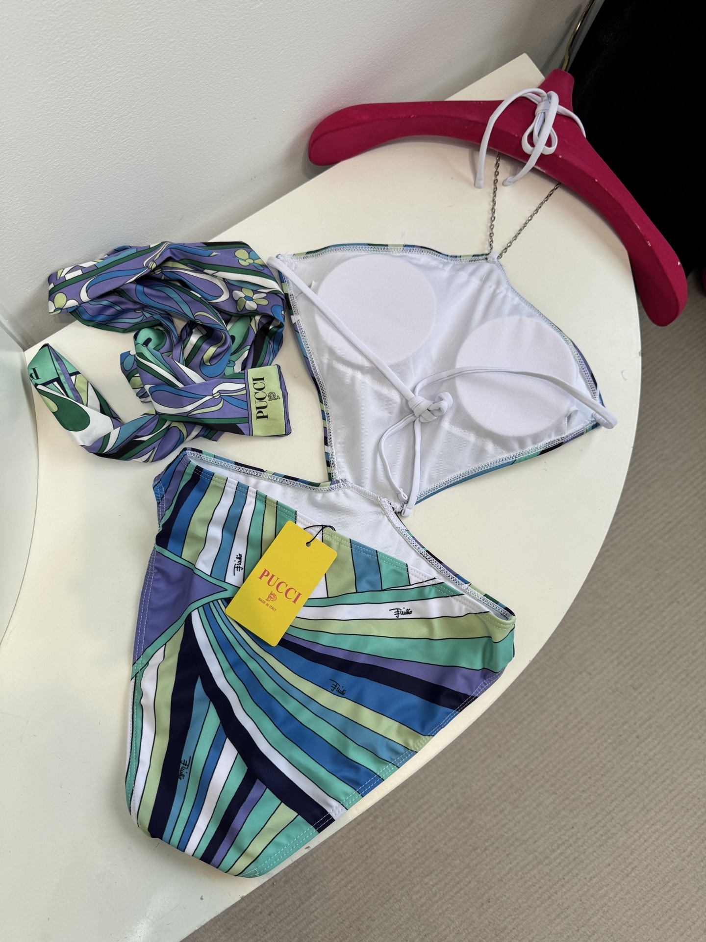 Pucci Abstract Print Chain Halter Bikini & Scarf Set Blue Green