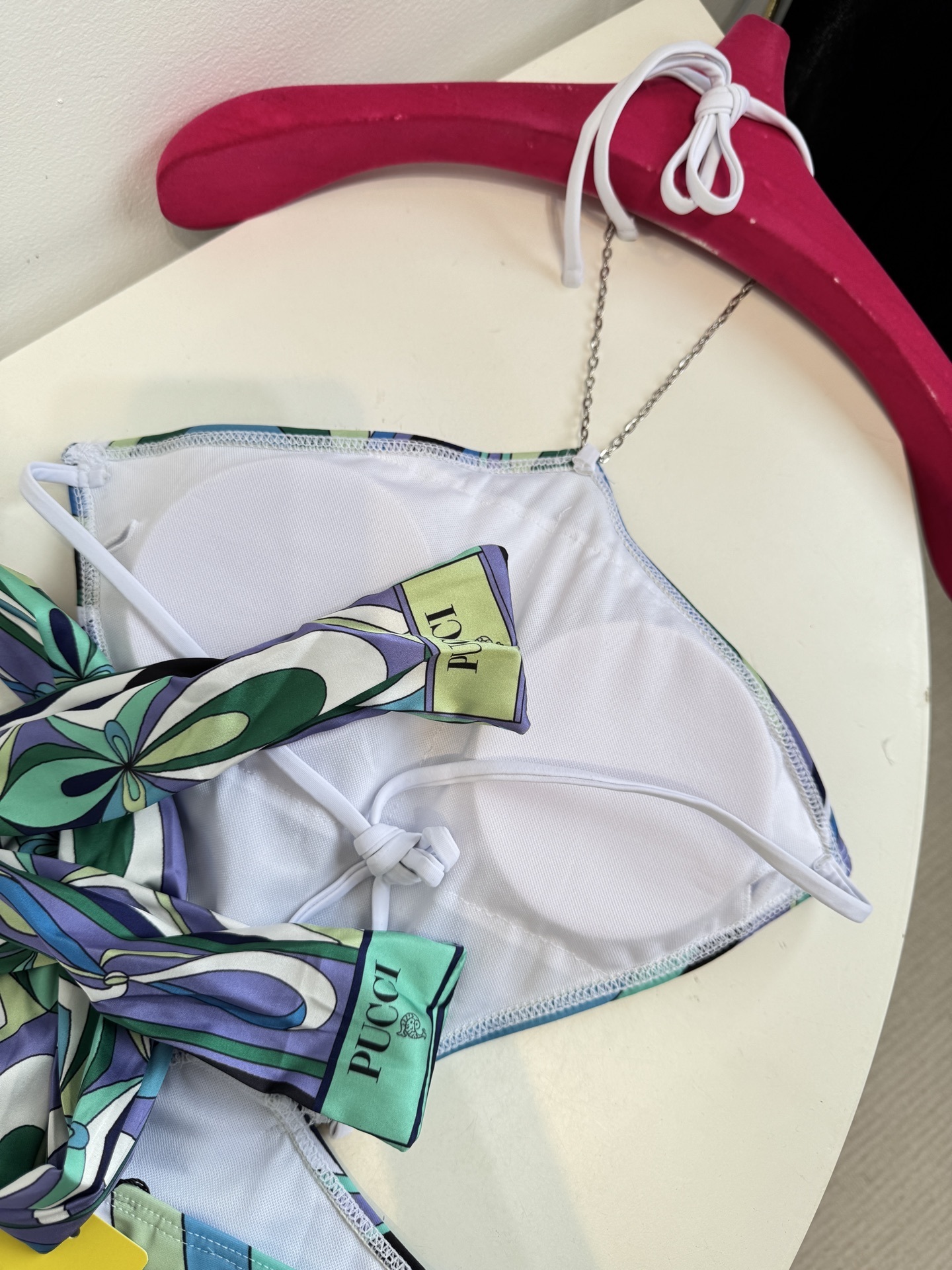 Pucci Abstract Print Chain Halter Bikini & Scarf Set Blue Green