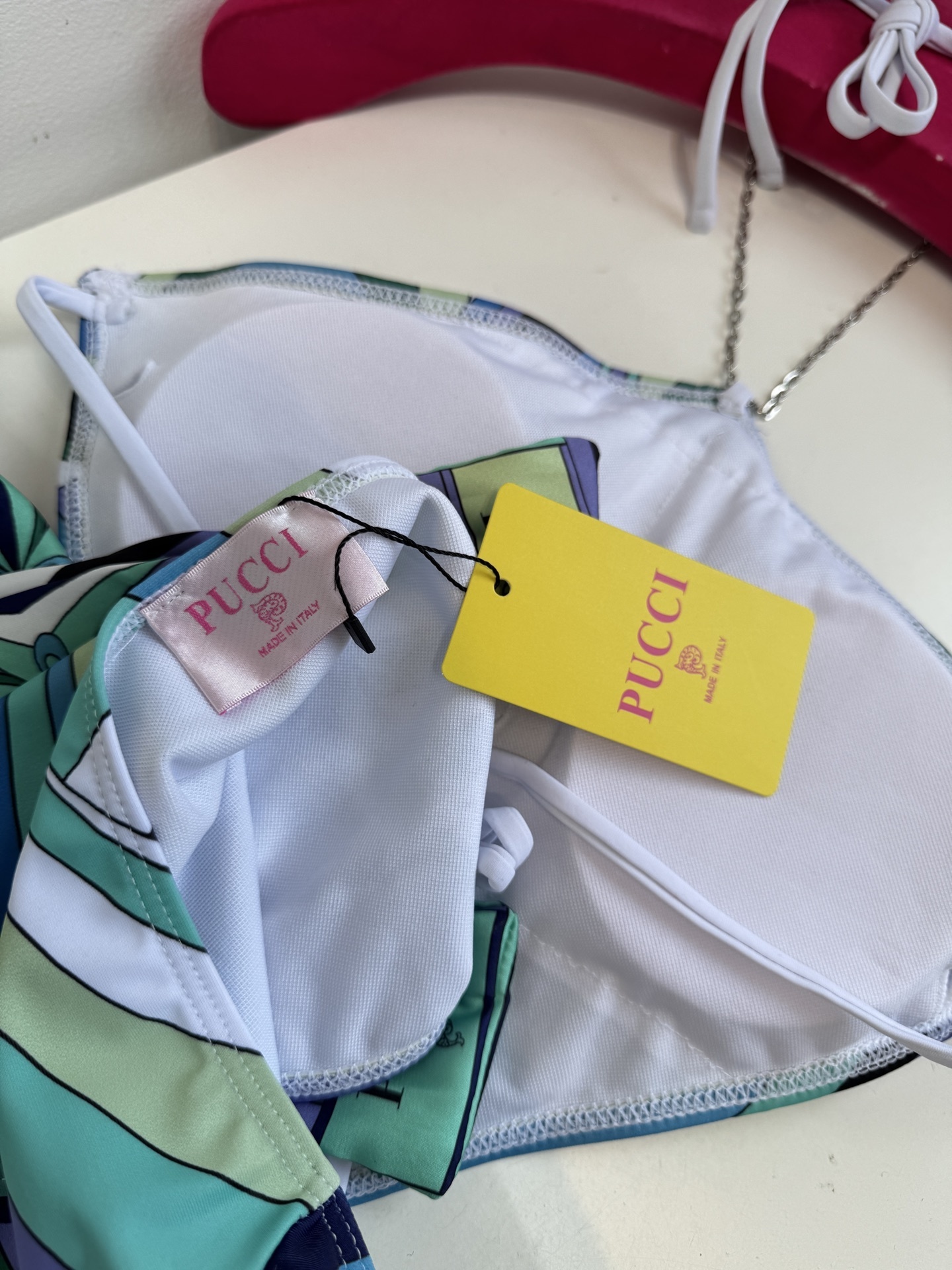 Pucci Abstract Print Chain Halter Bikini & Scarf Set Blue Green