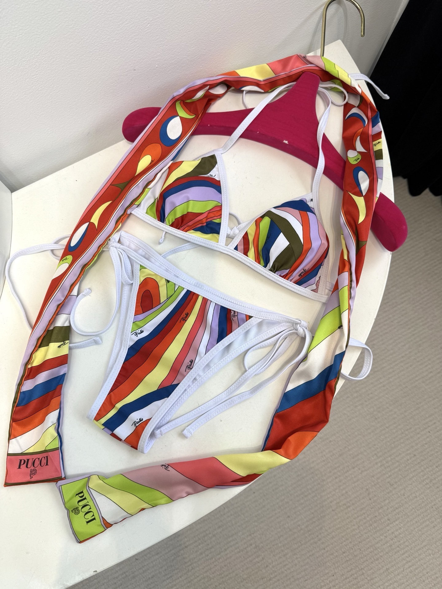 Pucci Vintage Multicolor Stripe Halter Bikini and Scarf Set