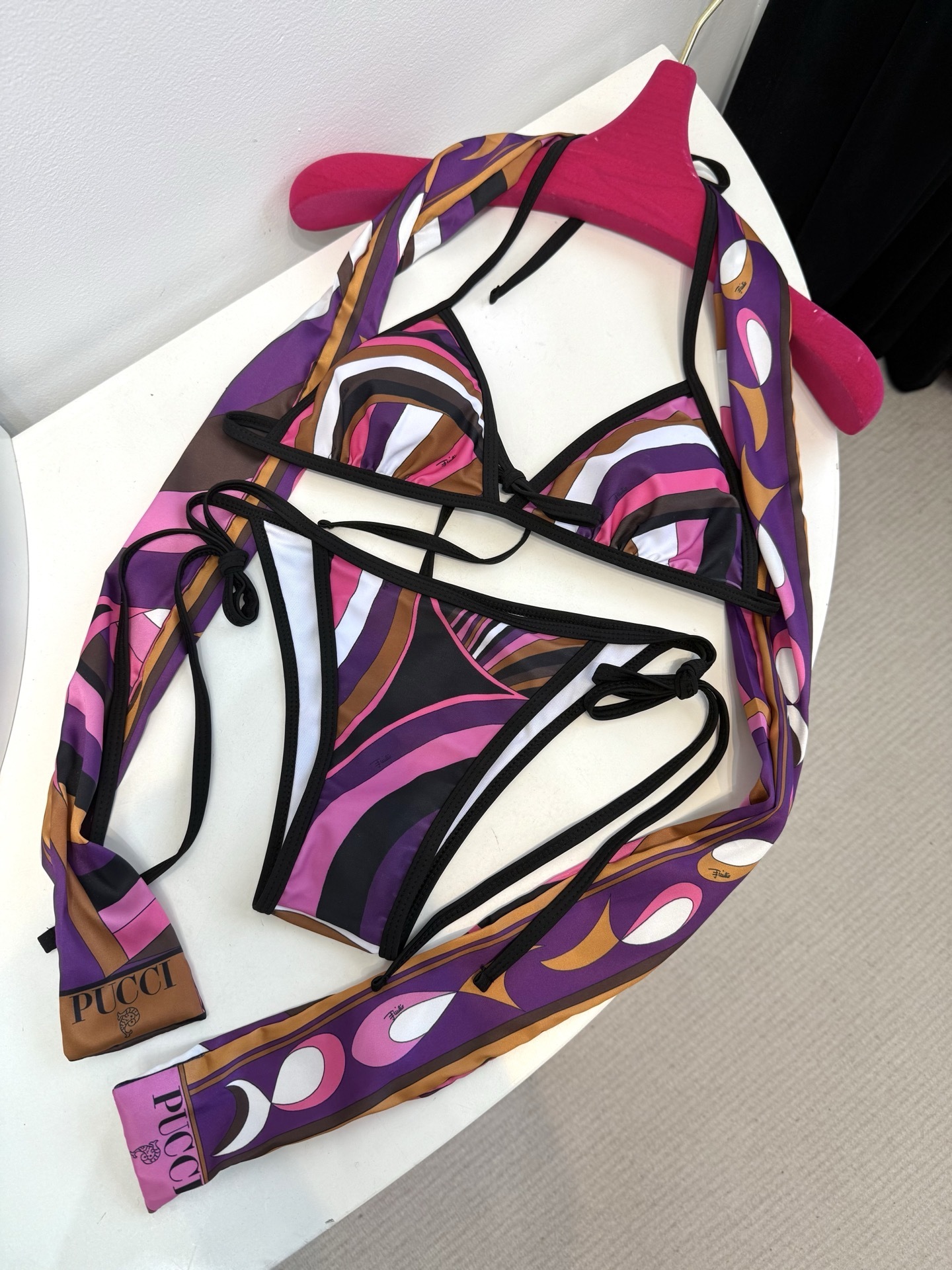 Pucci Abstract Print Purple Triangle Bikini Set with Matching Scarf