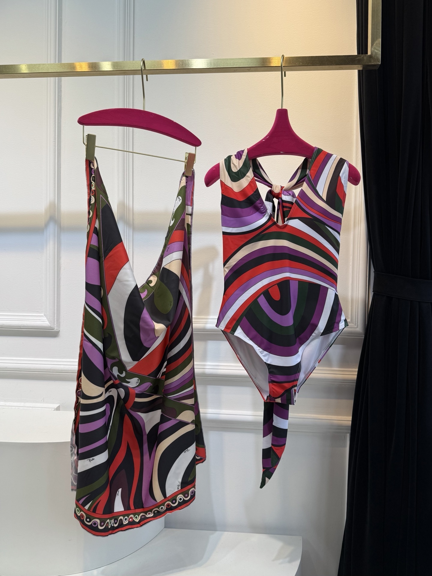 Luxury Abstract Print One-Piece Swimsuit & Wrap Skirt Set