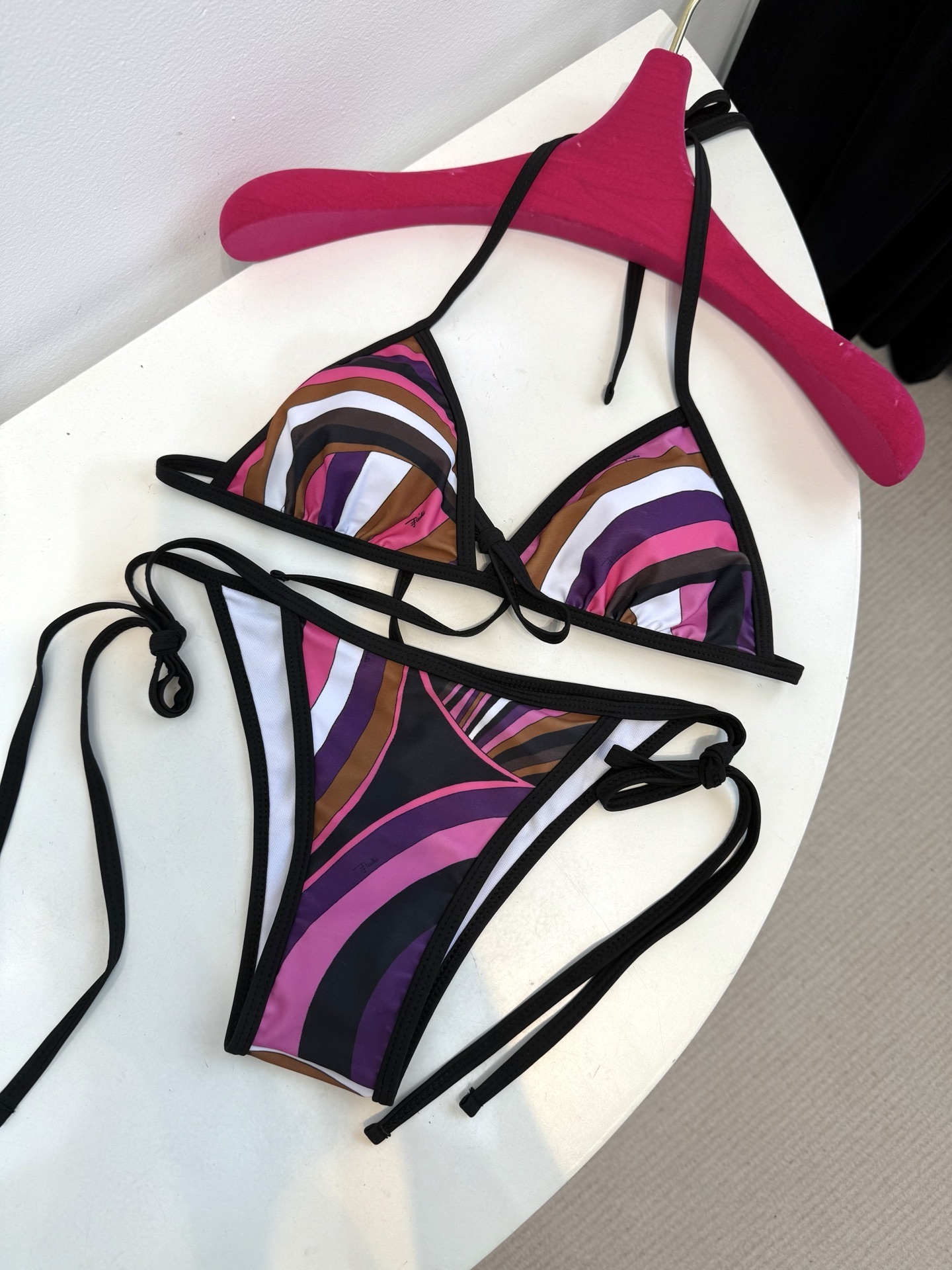 Retro Swirl Print Triangle Bikini Set – Purple Tie-Side Swimwear