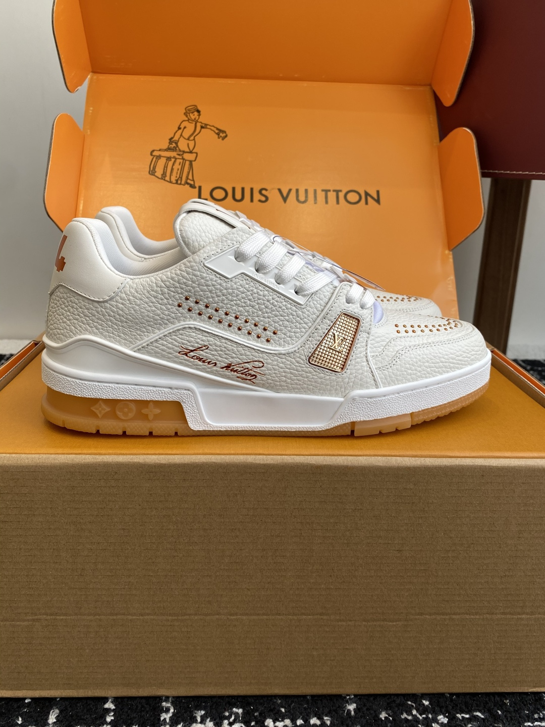 Louis Vuitton LV Trainer Sneaker White Grained Leather with Studs