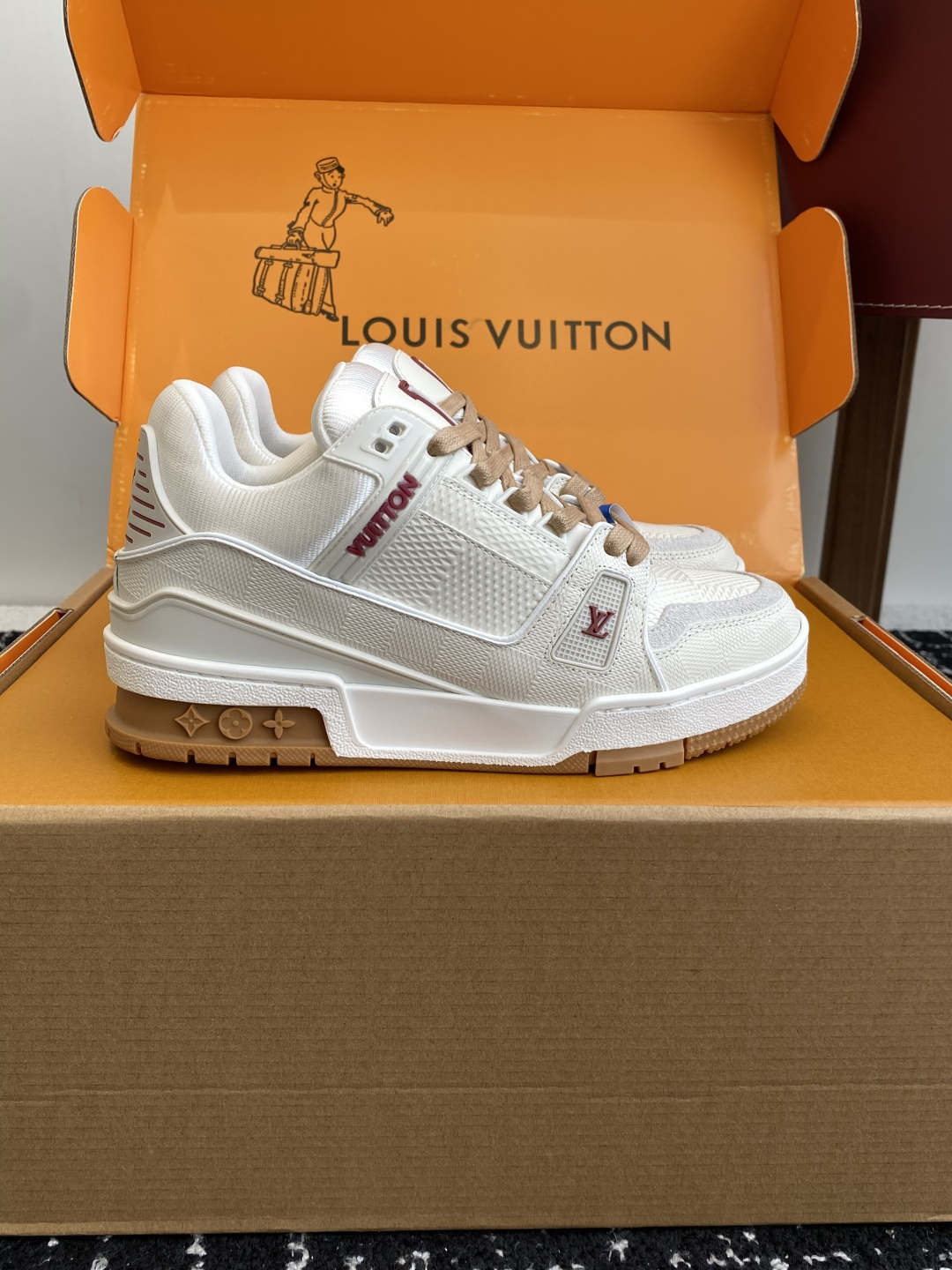 Louis Vuitton Trainer Sneakers - White Burgundy & Beige Laces