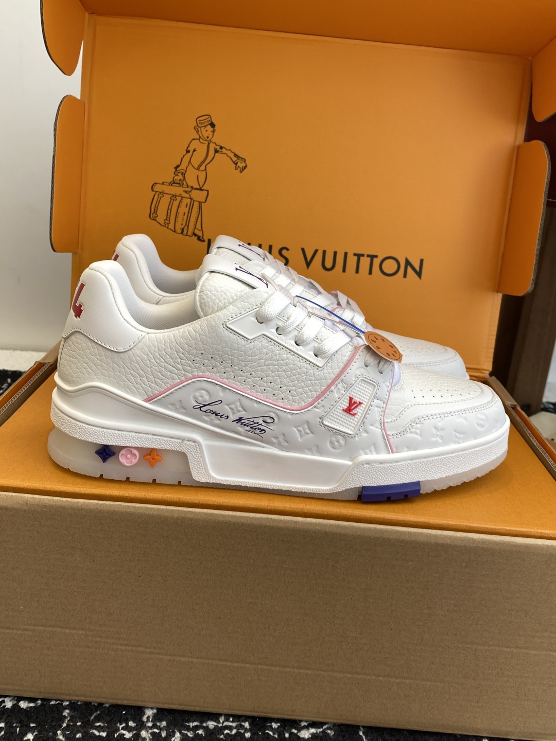 Louis Vuitton LV Trainer White Grained Leather Sneakers Purple Logo