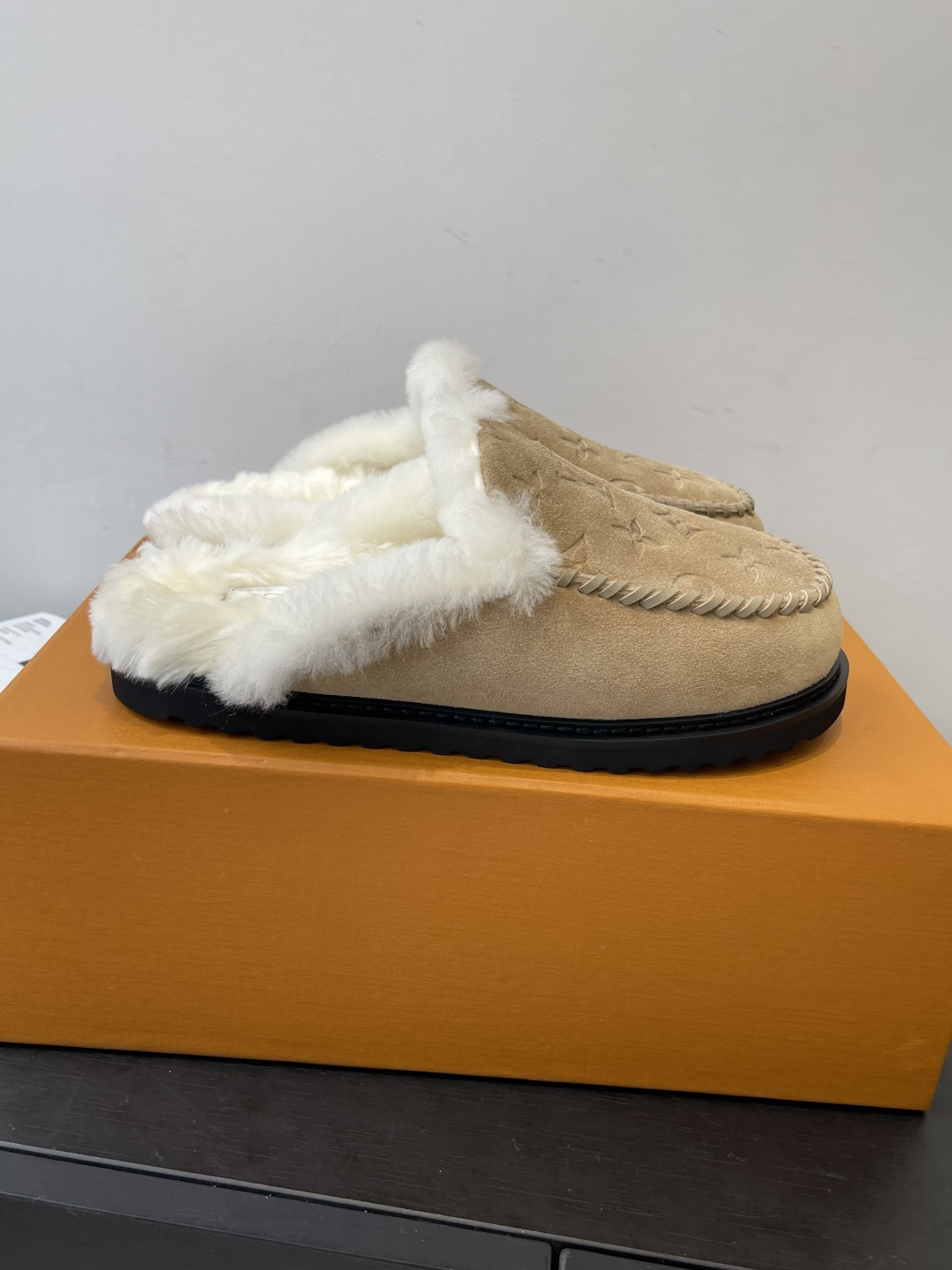 Louis Vuitton Monogram Suede Slippers with Faux Fur Lining