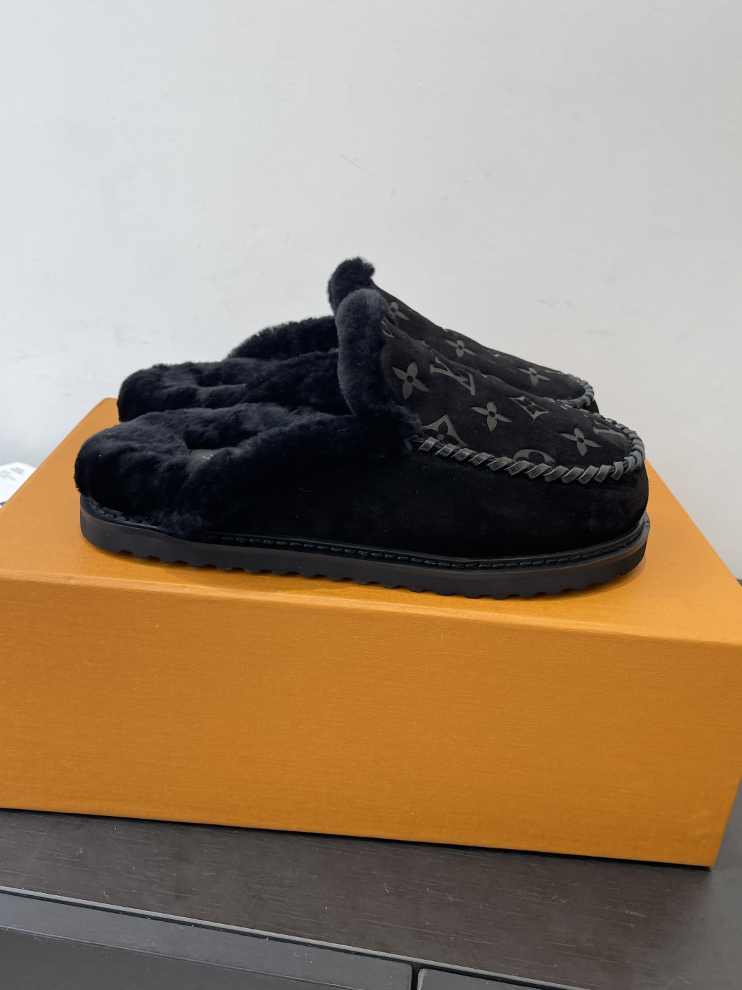 Louis Vuitton Black Monogram Suede Slippers with Fur Lining