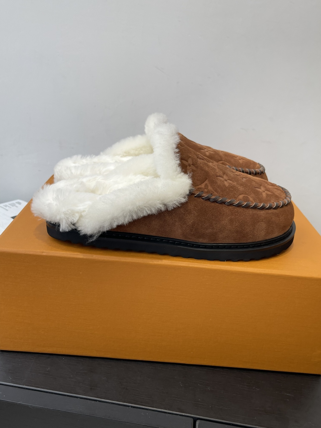 Louis Vuitton Monogram Brown Suede Shearling Mules Luxury Slippers