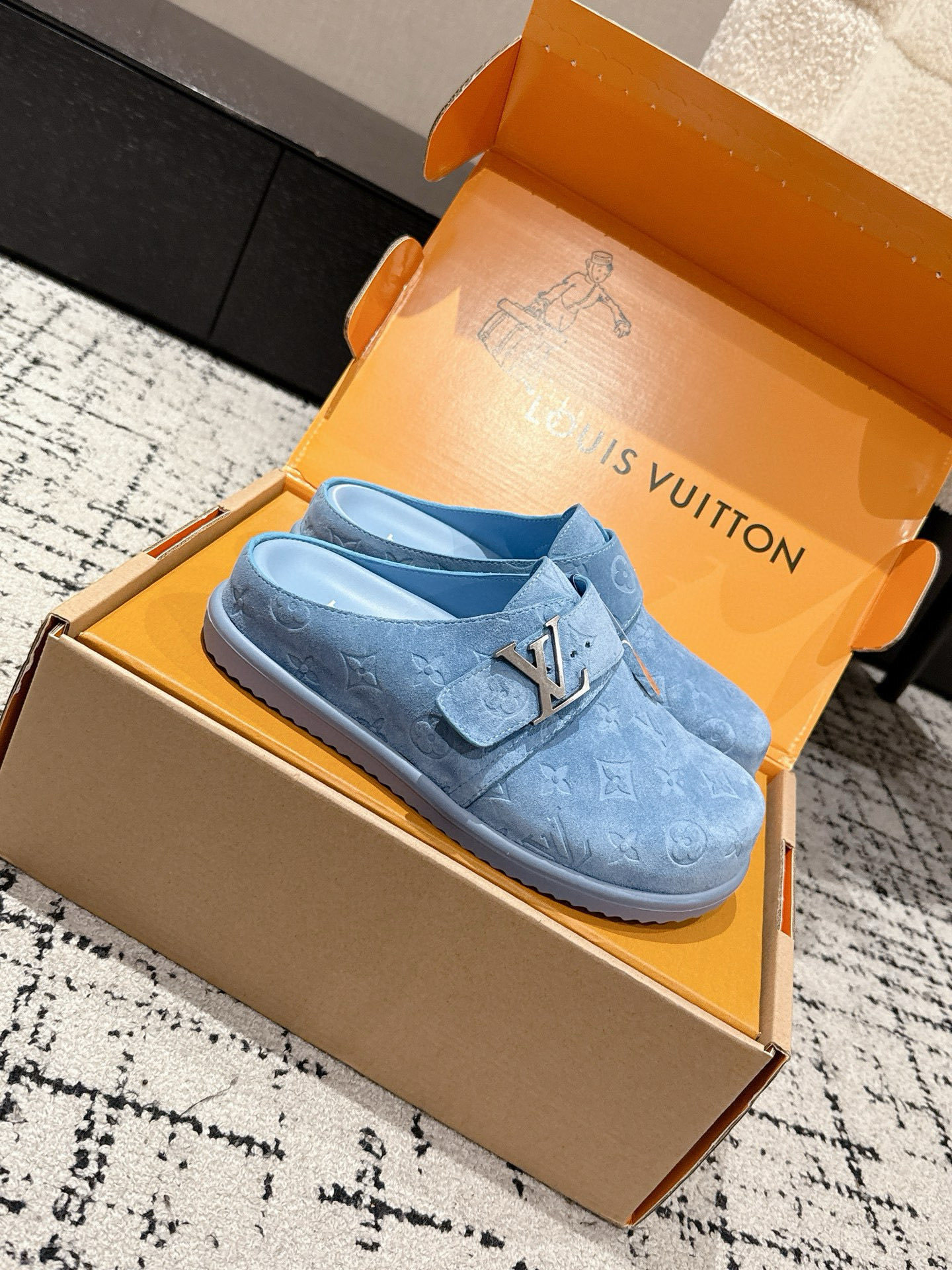 Louis Vuitton Blue Monogram Suede Mules with LV Initial Buckles