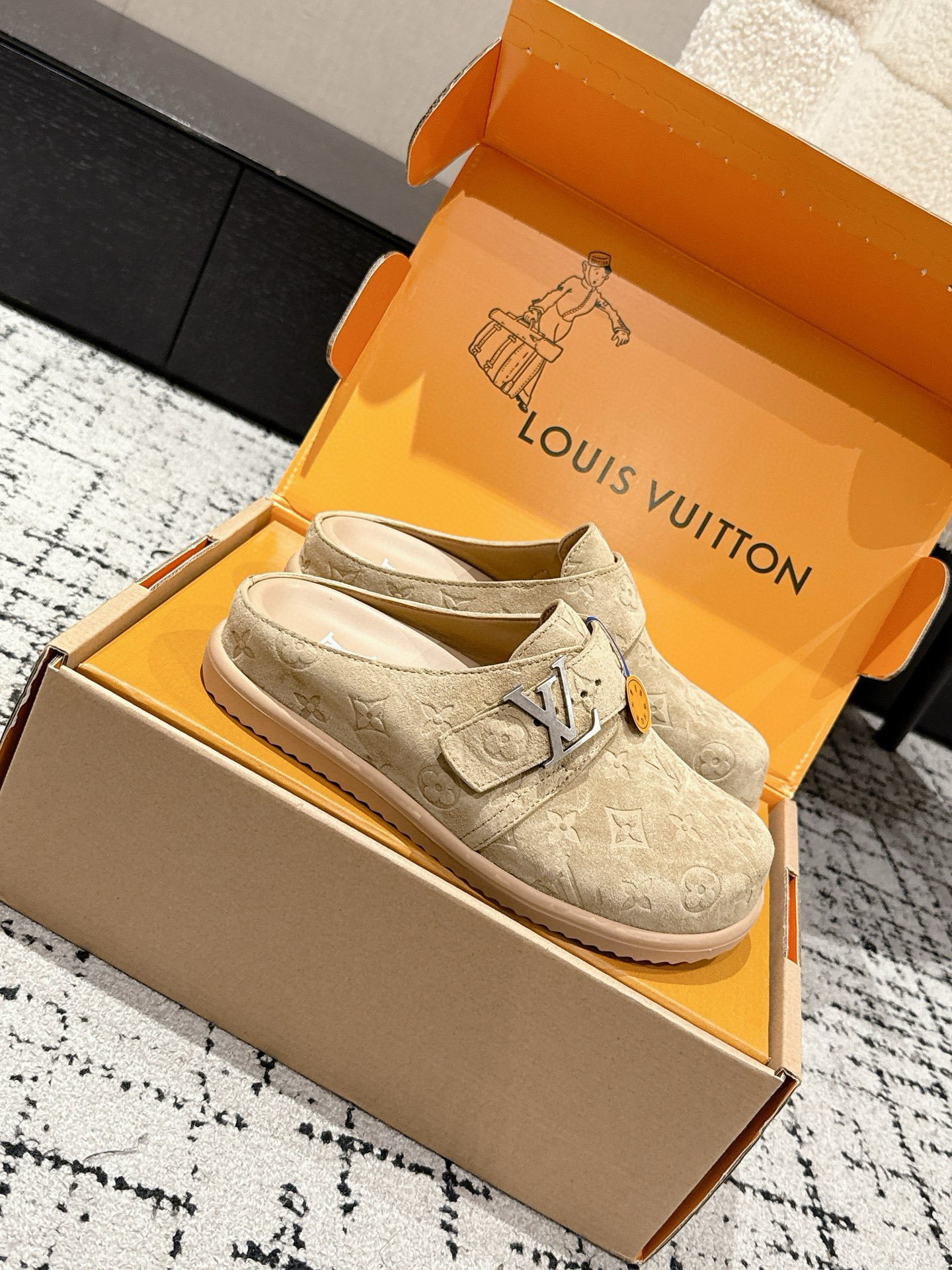 Louis Vuitton Beige Monogram Embossed Suede Mules - Luxury Clogs