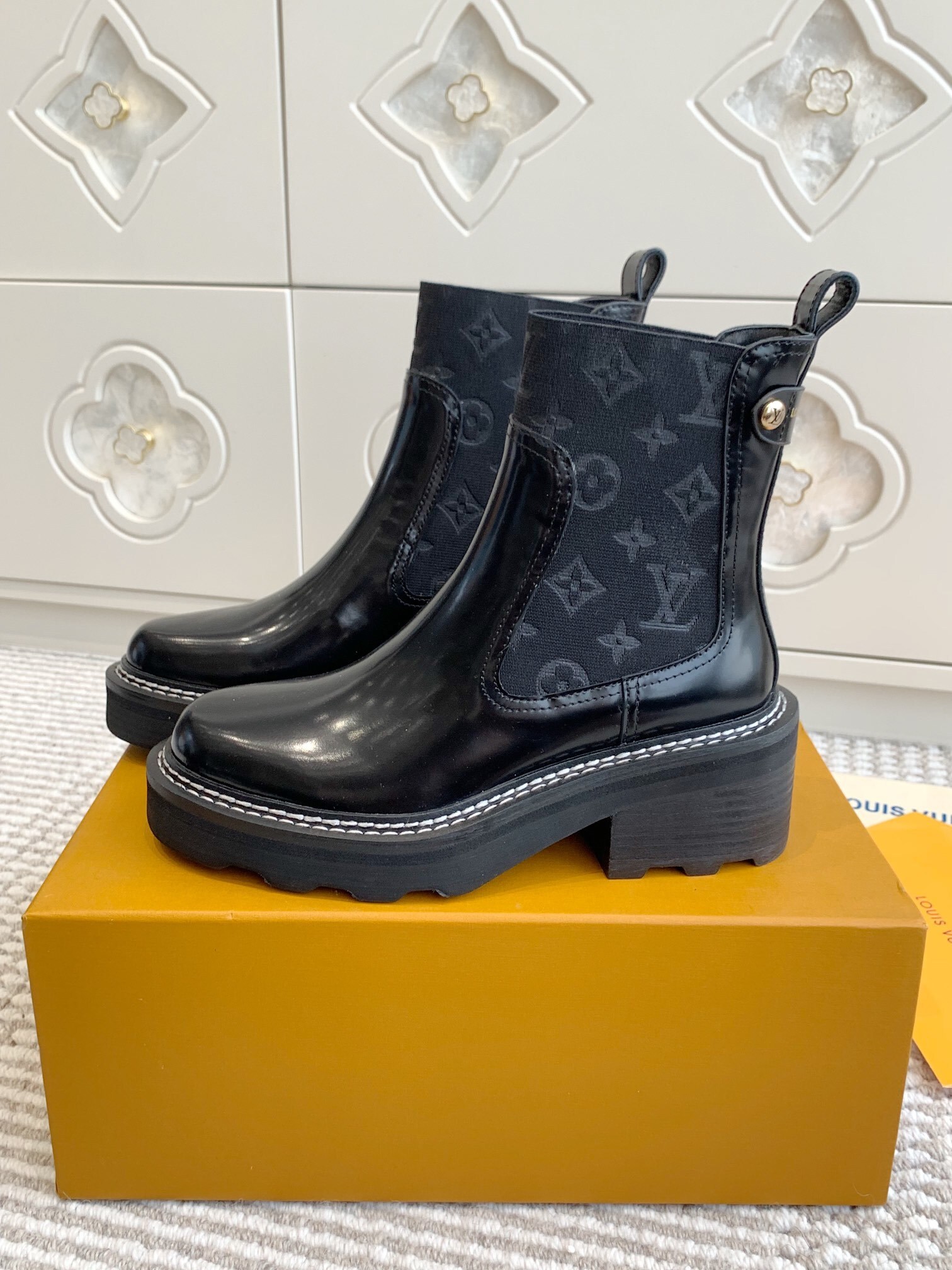 Louis Vuitton Women's Black Leather Monogram Ankle Boots