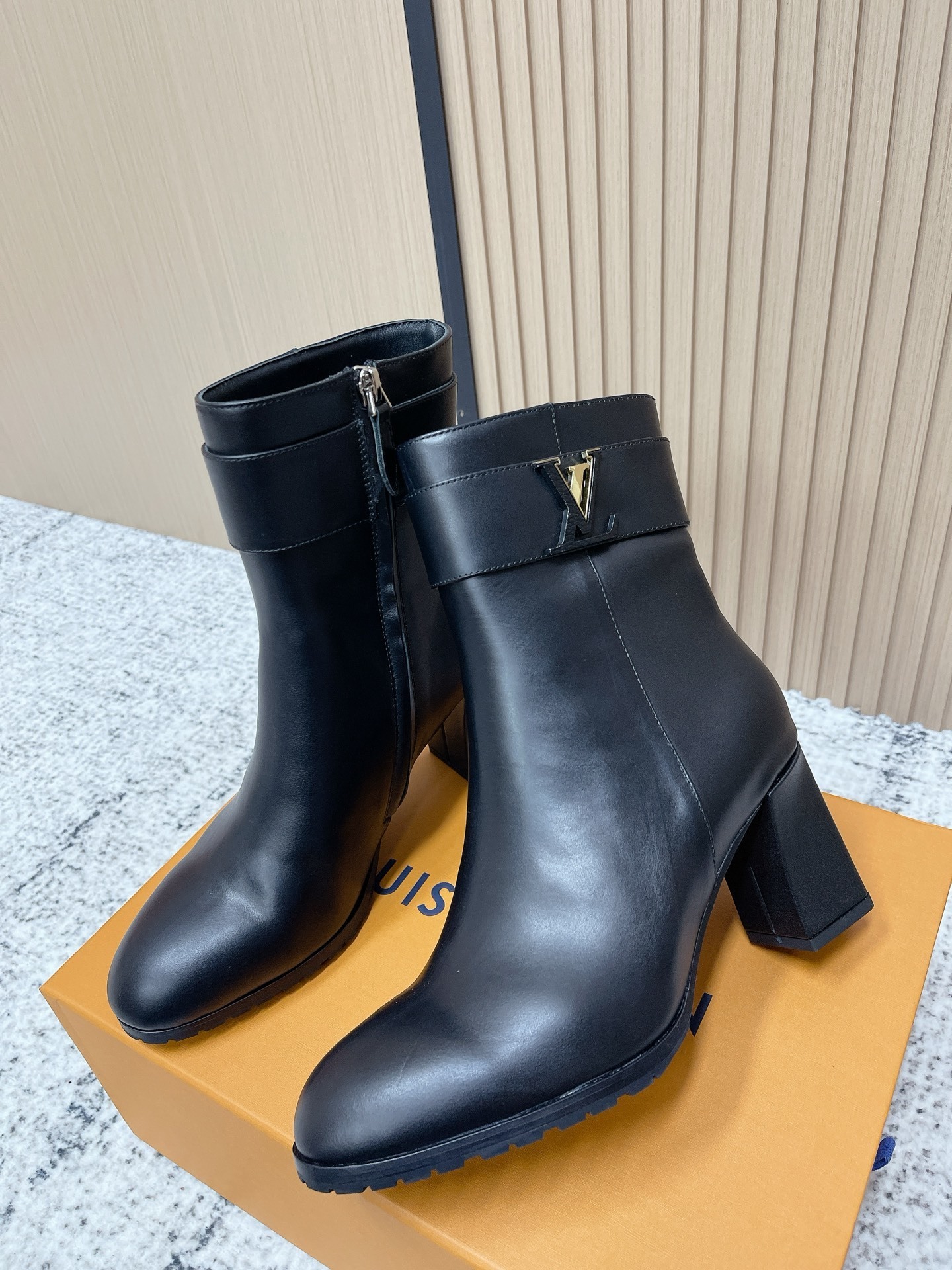 Louis Vuitton Black Leather Ankle Boots with Logo Buckle