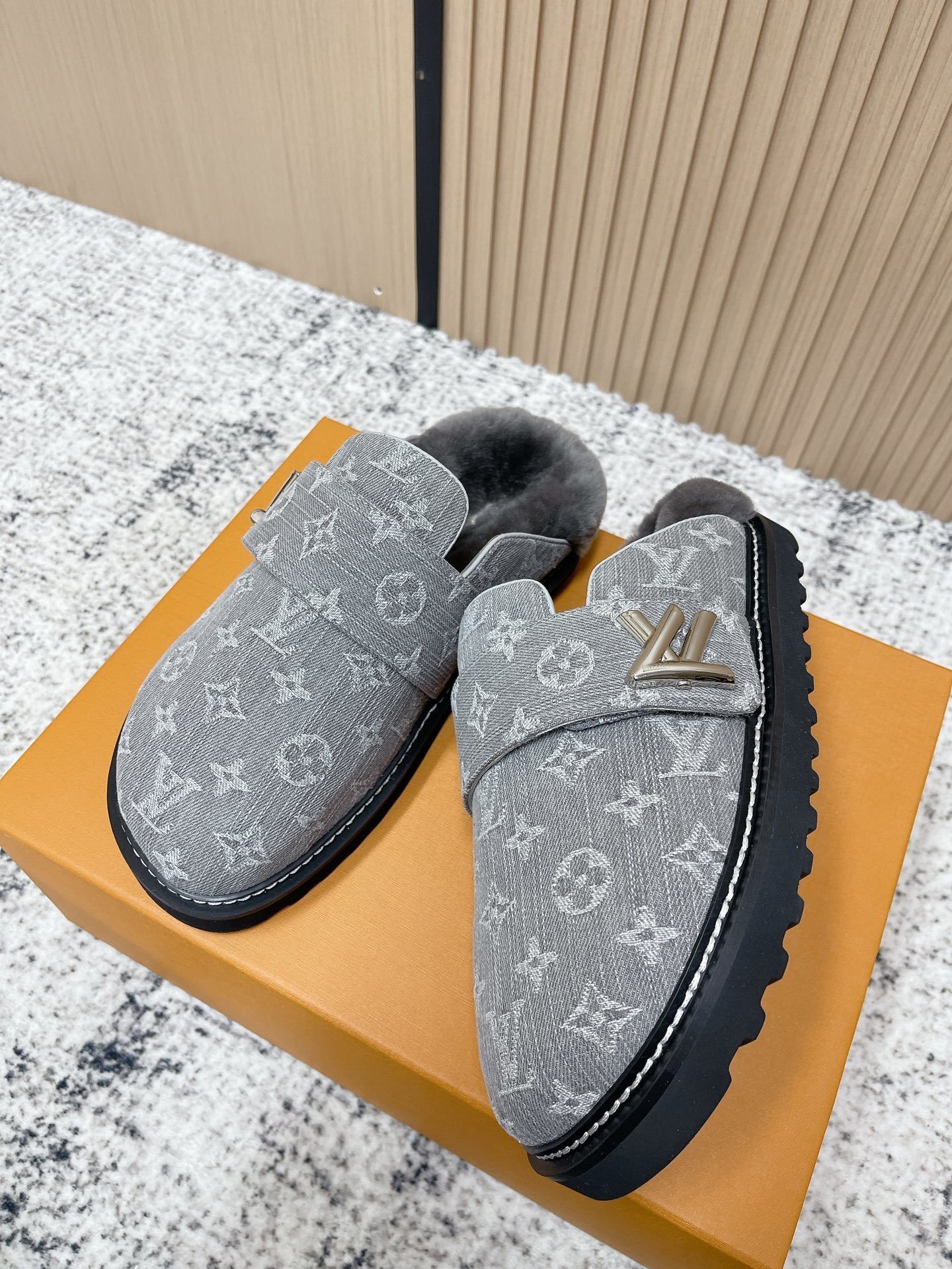 Louis Vuitton Style Grey Monogram Denim Fur-Lined Mules