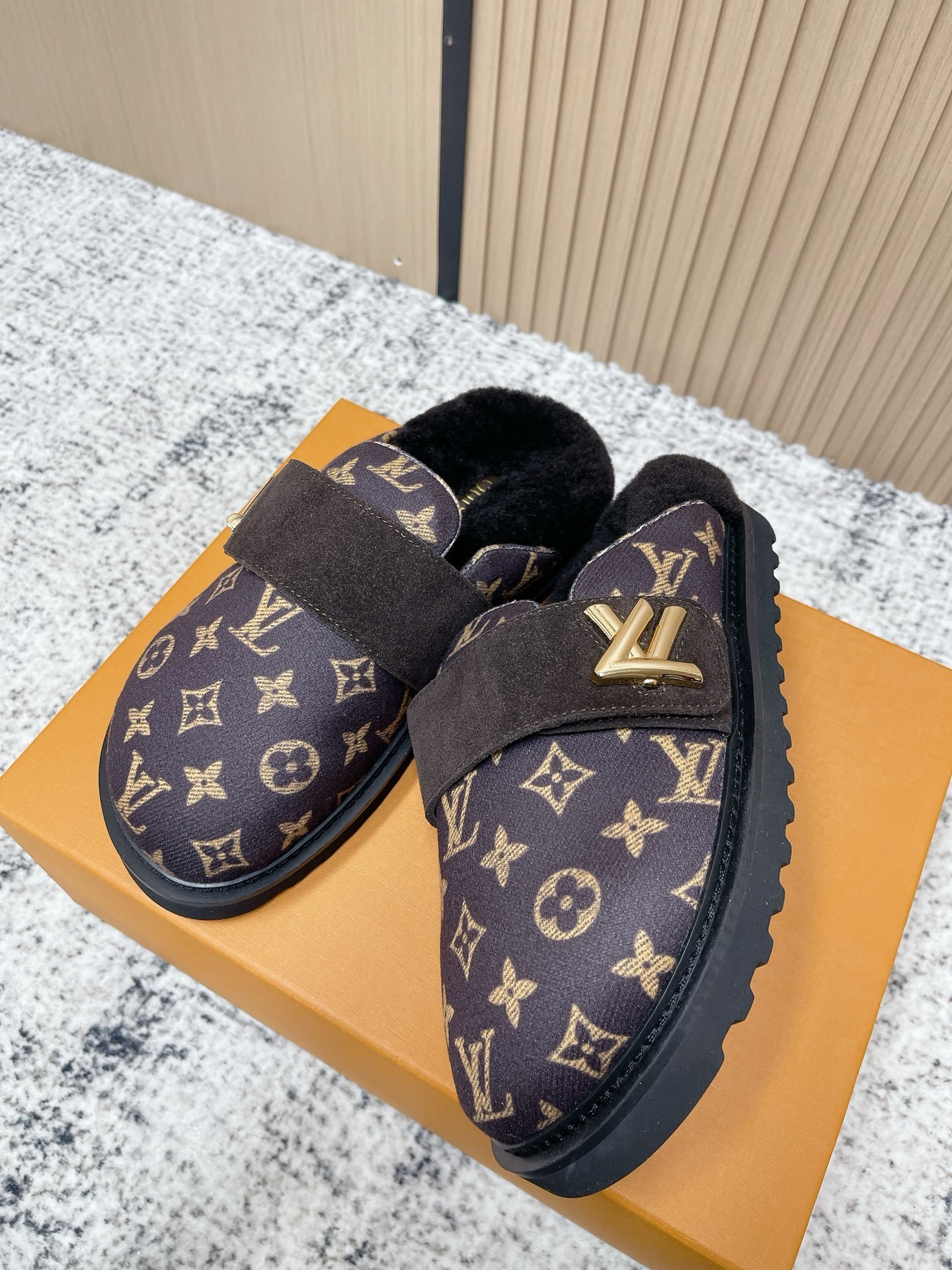 Luxury Monogram Canvas Shearling Mules with Gold Buckle