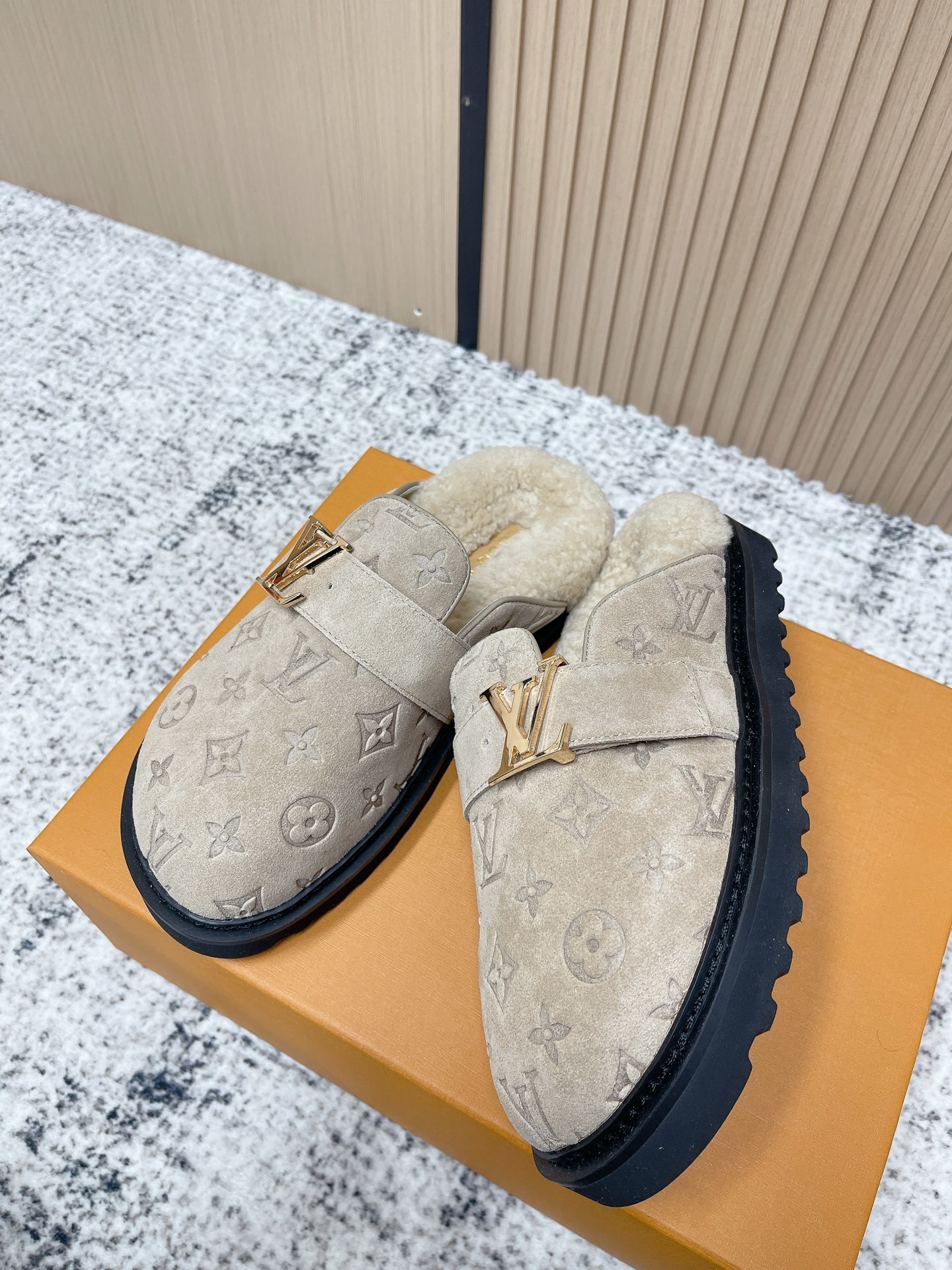 Louis Vuitton Monogram Embossed Suede Shearling Mules
