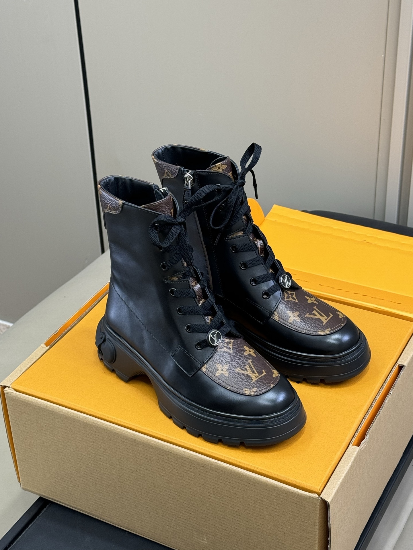 Luxury Black Leather Monogram Combat Ankle Boots for Women