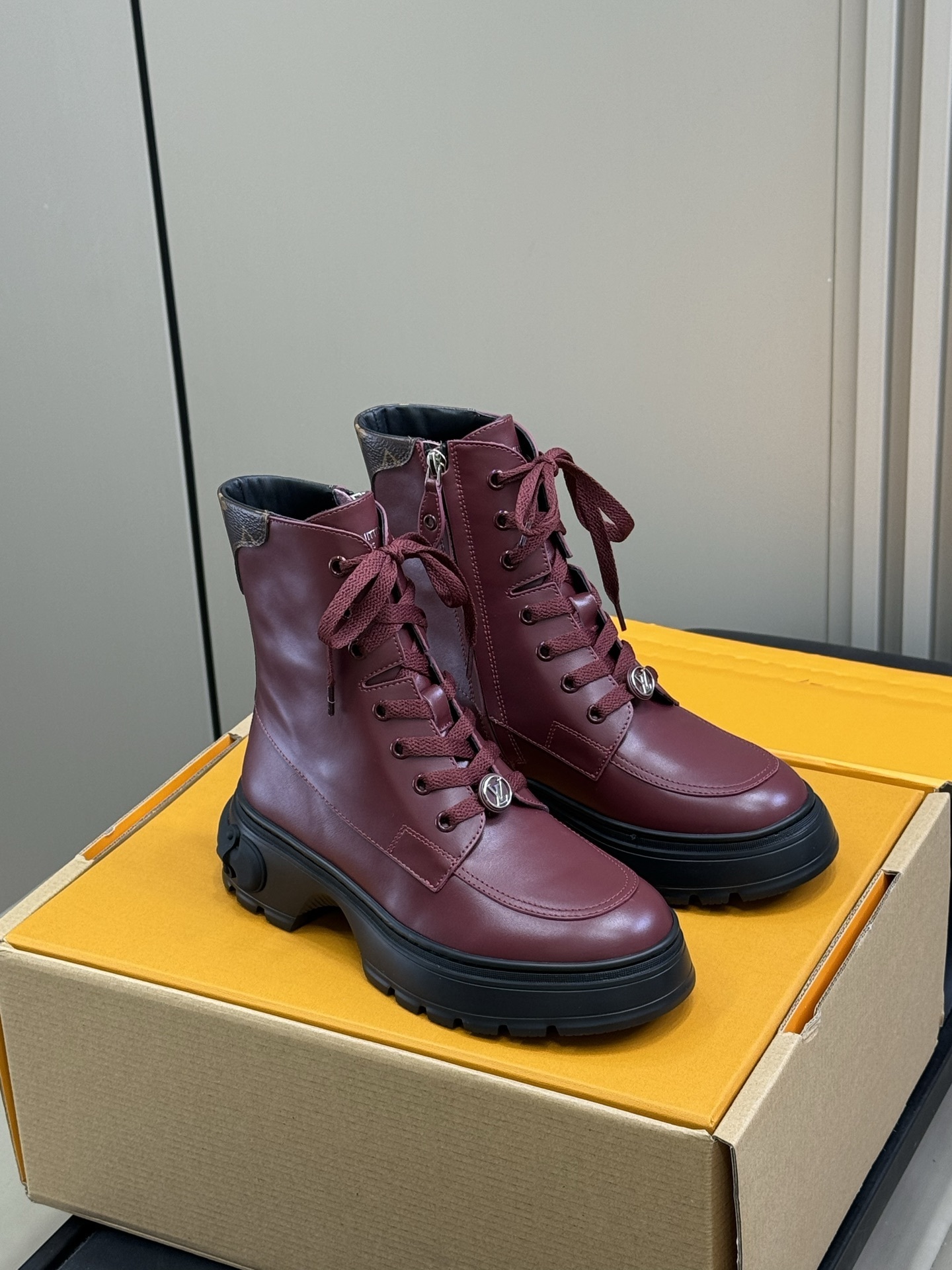 Luxury Burgundy Leather Lace-Up Ankle Boots with Chunky Sole