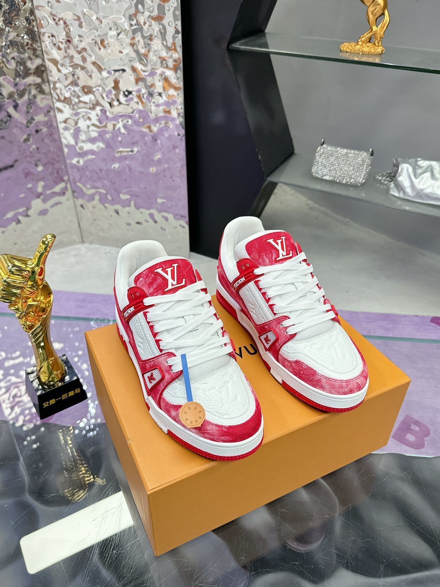 Louis Vuitton LV Trainer Sneakers - Red & White Washed Denim Style