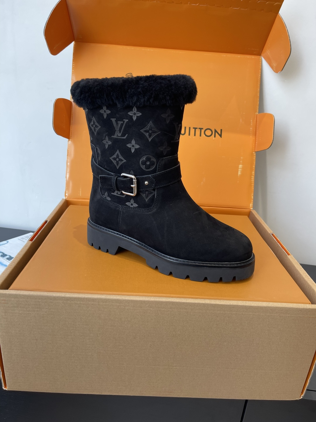 Louis Vuitton Women's Black Suede & Shearling Monogram Boots