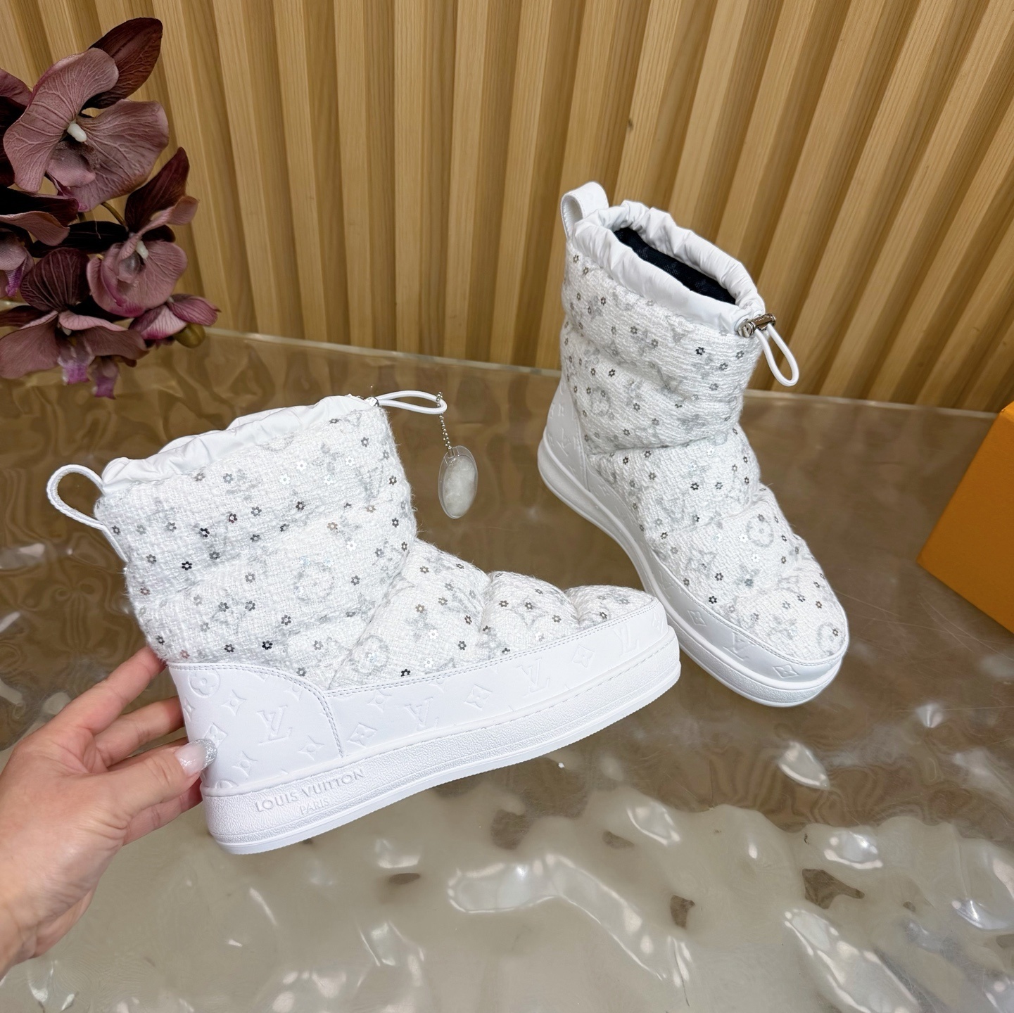 Louis Vuitton White Sequin Padded Snow Boots - Luxury Winter Wear