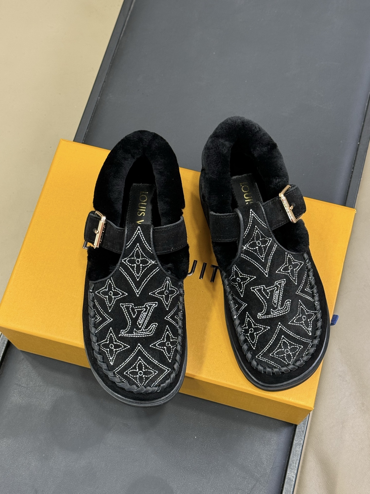Louis Vuitton Black Suede Monogram Shearling Loafers