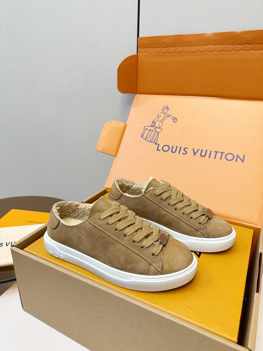 Louis Vuitton Shearling Lined Suede Sneakers - Tan Luxury Footwear