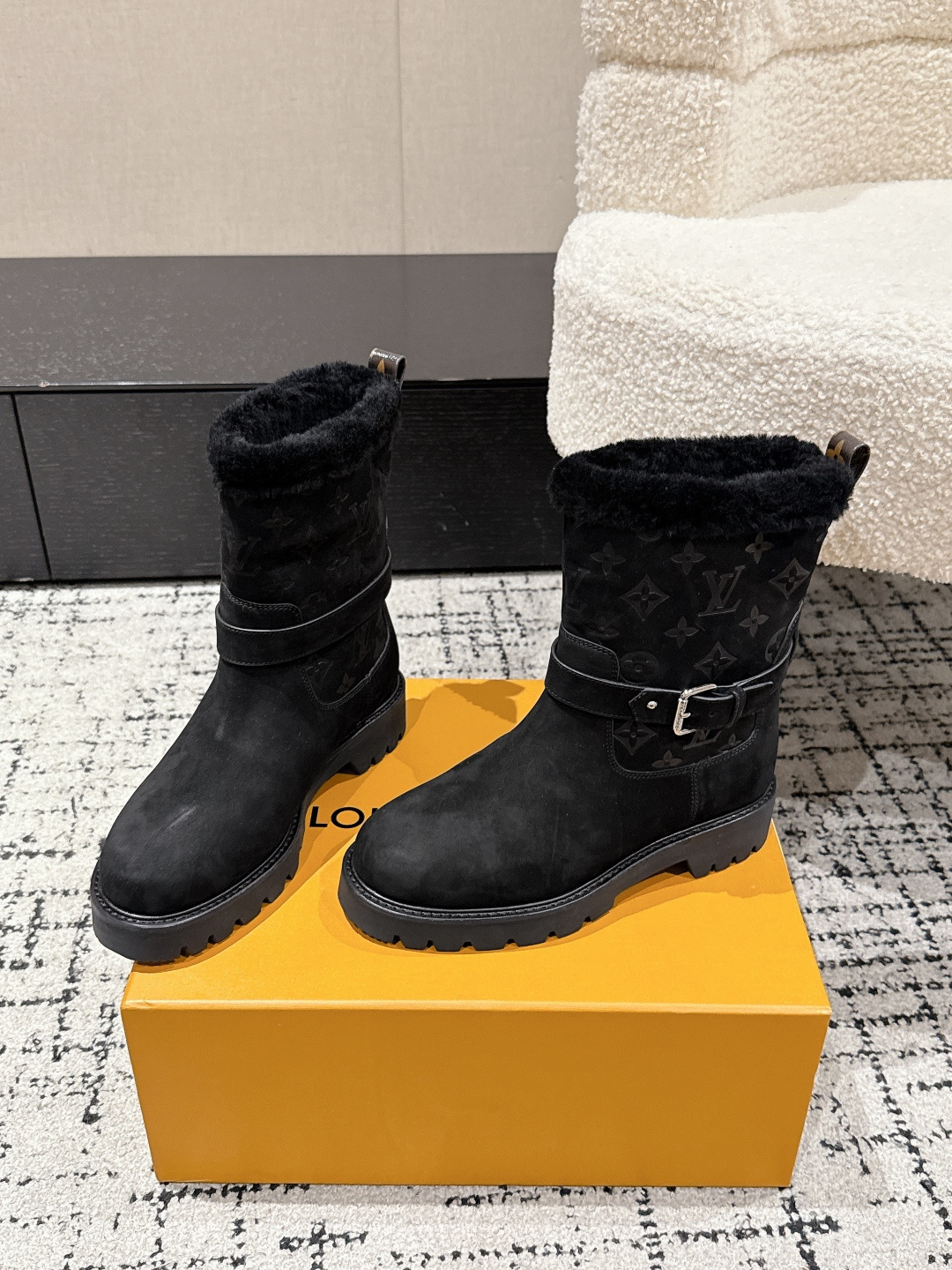 Luxury Black Suede Monogram Ankle Boots with Fur Lining