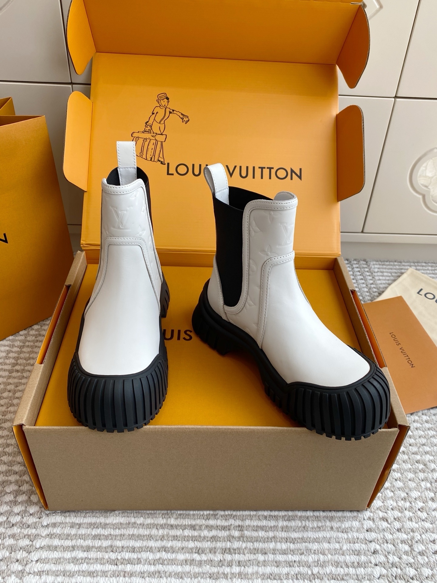 Louis Vuitton White Leather Ankle Boots with Chunky Ribbed Sole