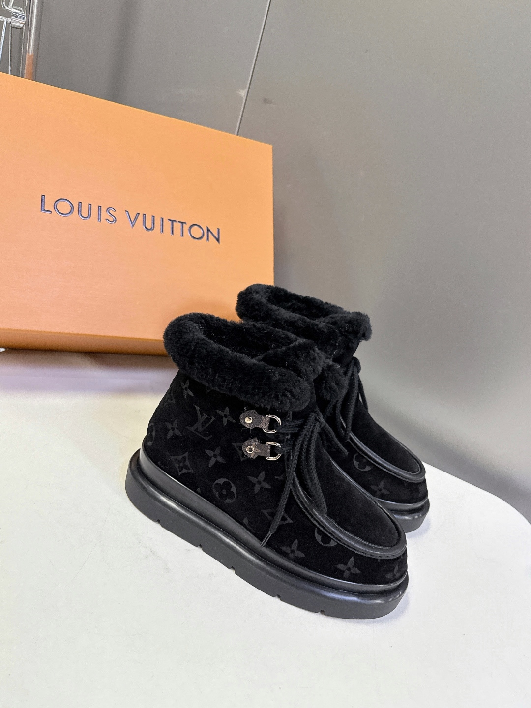 Louis Vuitton Women's Black Suede & Shearling Platform Ankle Boots