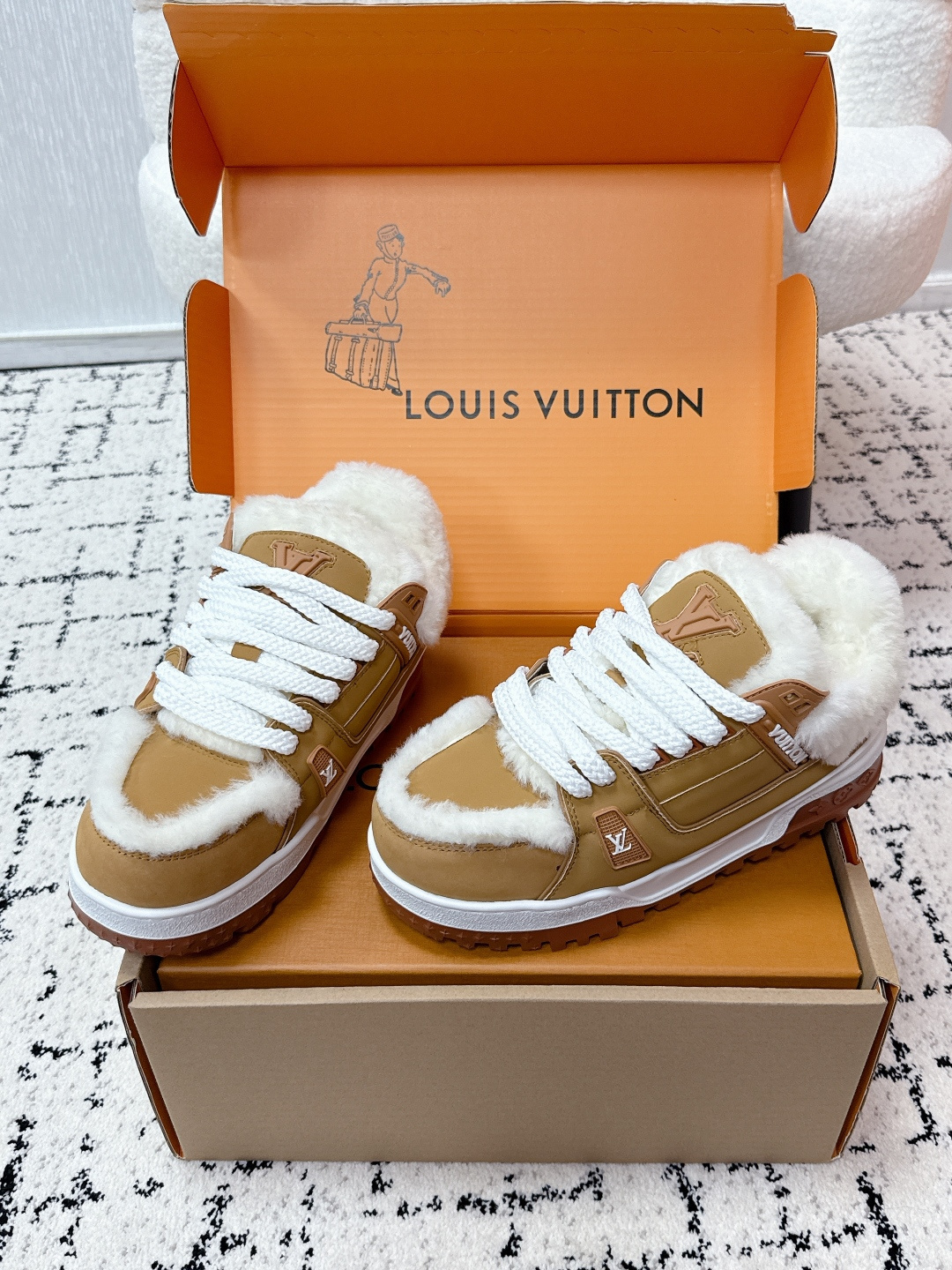 Louis Vuitton Tan Suede Shearling Sneakers - Luxury Winter Style