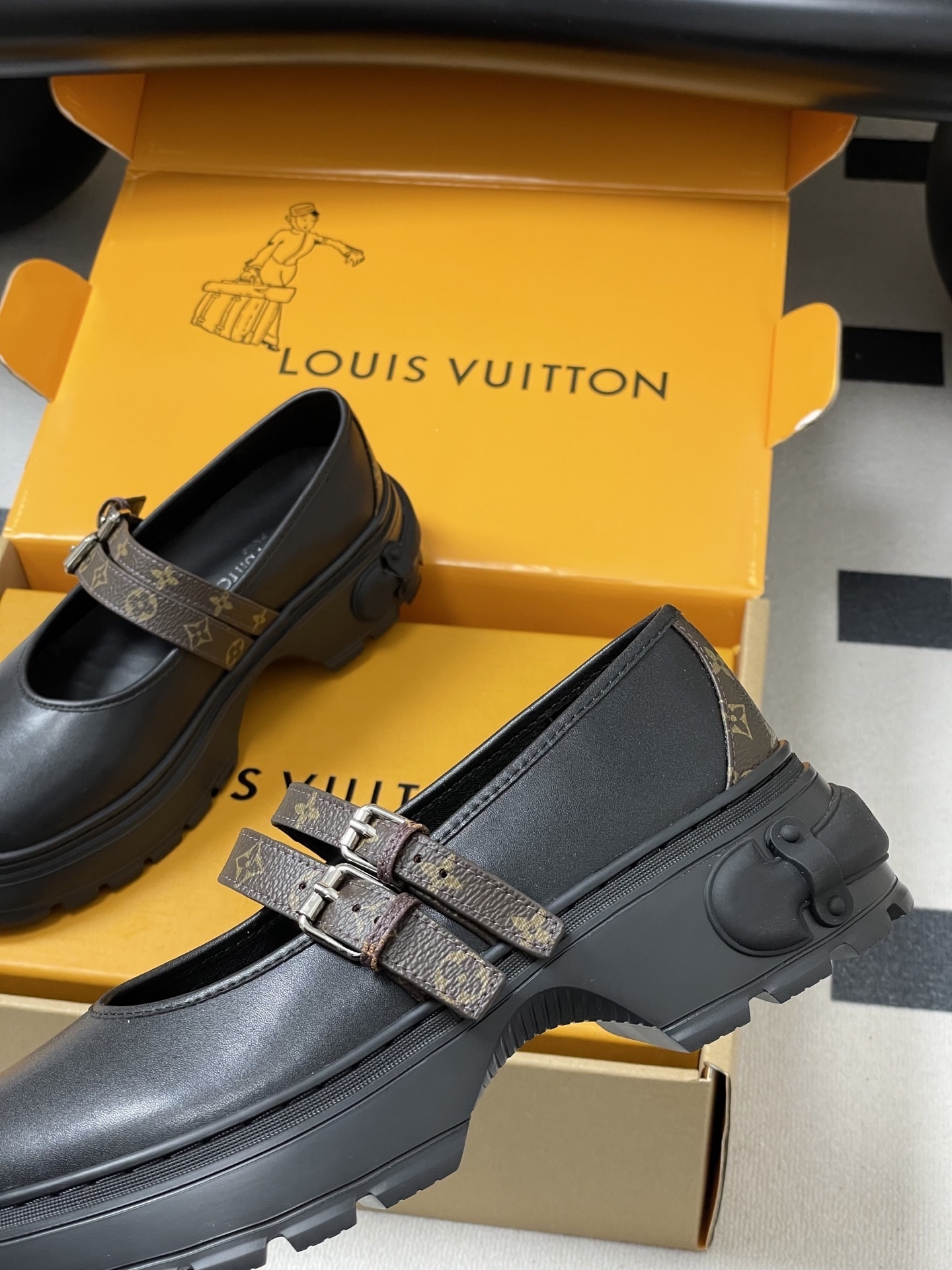 Women's Chunky Black Mary Jane Shoes with Monogram Canvas Straps