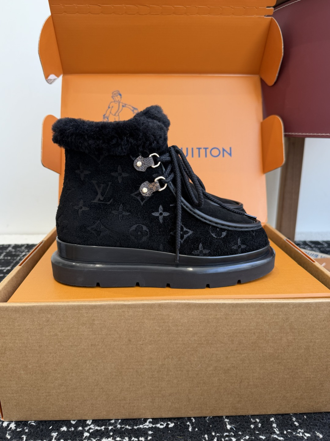 Louis Vuitton Aspen Ankle Boot Black Suede with Shearling Trim