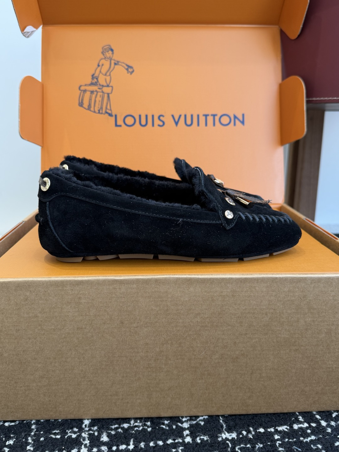 Louis Vuitton Black Suede Shearling Loafers with Gold Hardware