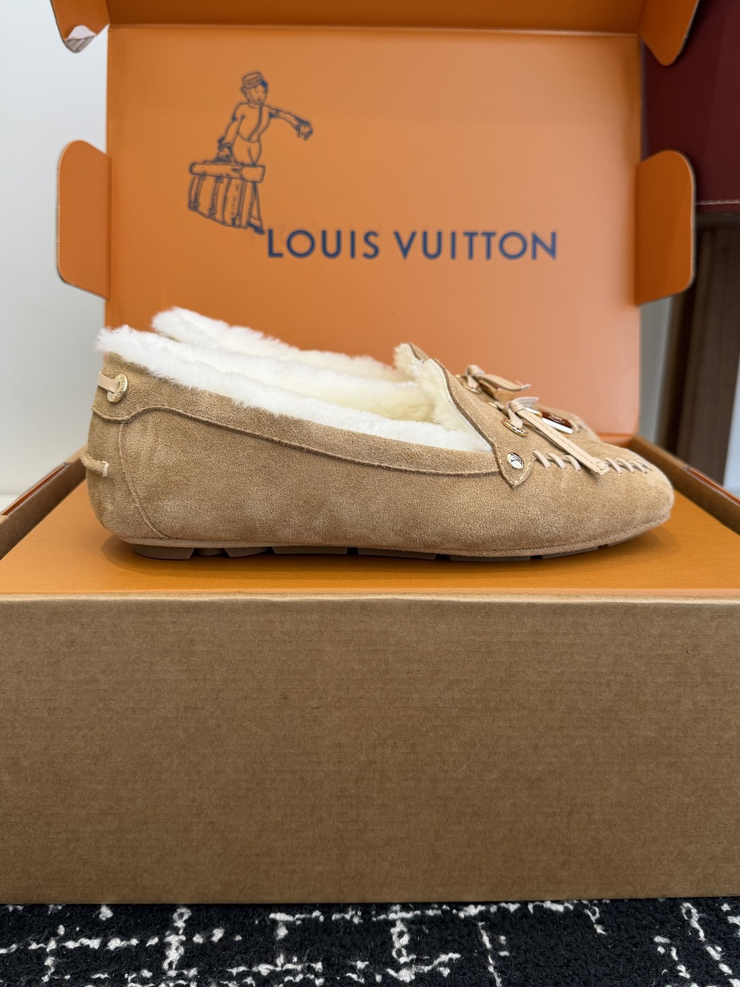 Louis Vuitton Women's Shearling-Lined Suede Moccasins - Beige