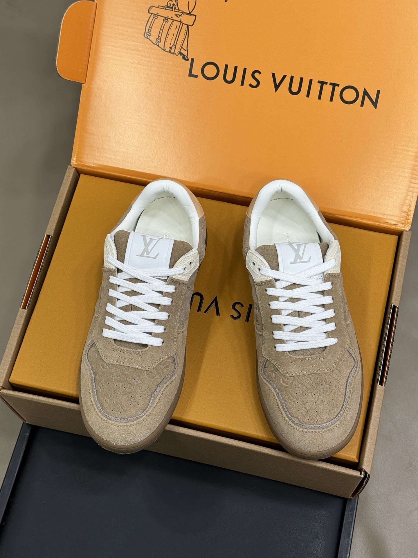 Louis Vuitton Men's Monogram Embossed Suede Sneakers - Beige