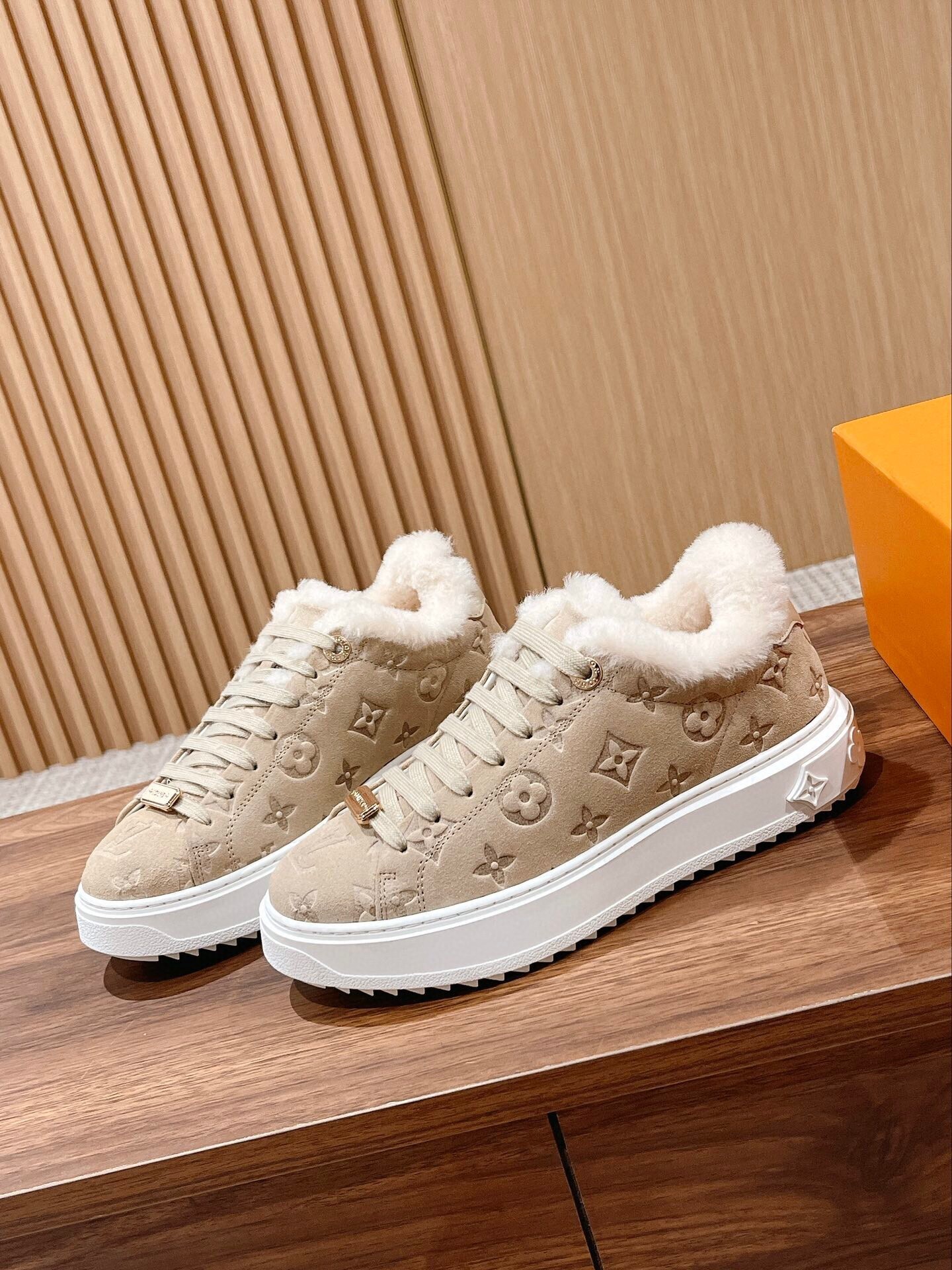 LV Monogram Suede Shearling Sneakers - Beige Luxury Winter Shoes