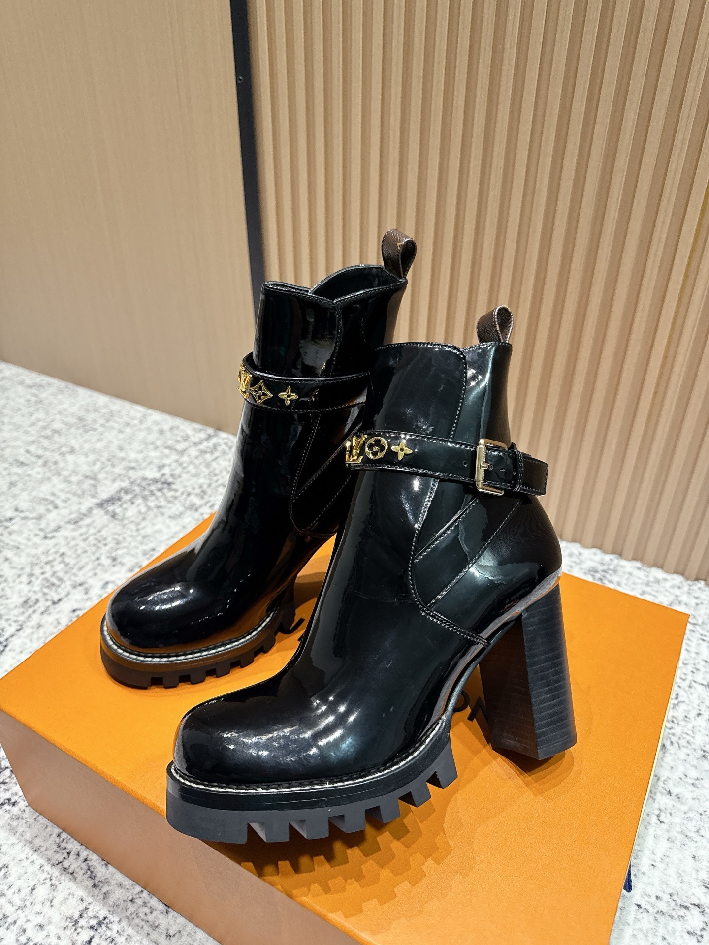 LV Black Patent Leather Ankle Boots with Gold Monogram Hardware