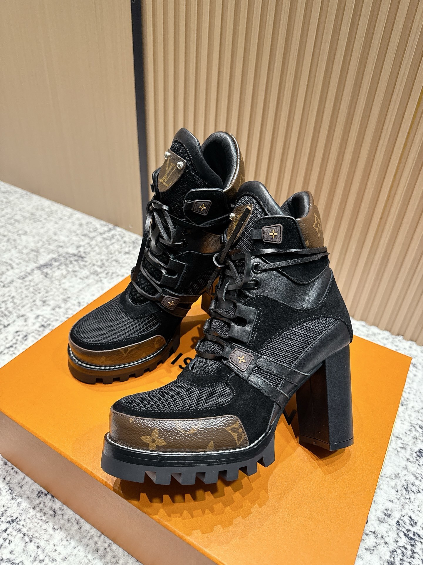 Louis Vuitton Monogram Mesh & Suede High Heel Combat Ankle Boots