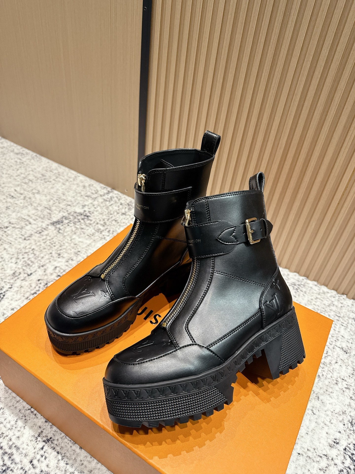 Louis Vuitton Front Zip Black Leather Monogram Ankle Boots